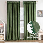 Miulee Olive Green Pom Pom Velvet Curtains For Bedroom/Living Room Darkening Thermal Insulating 96 Inches Long Blackout Curtains
