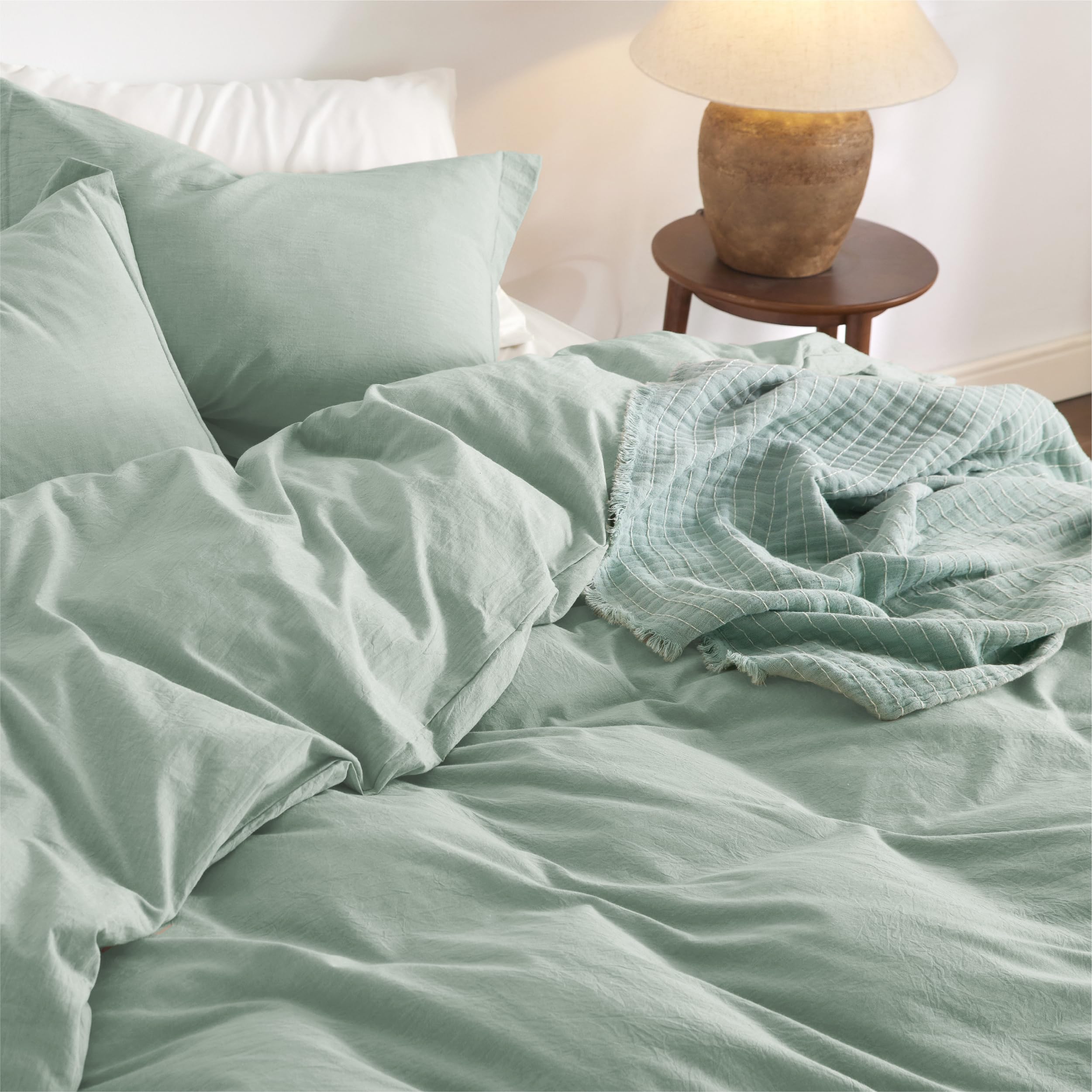 Bedsure 100% Washed Cotton Duvet Cover King Size - Sage Green Minimalist Cotton Duvet Cover Linen Like - 3 Pieces Gentlesoft™ Plain Simple Bedding Set With 2 Pillow Shams (Sage Green, King, 104'X90')