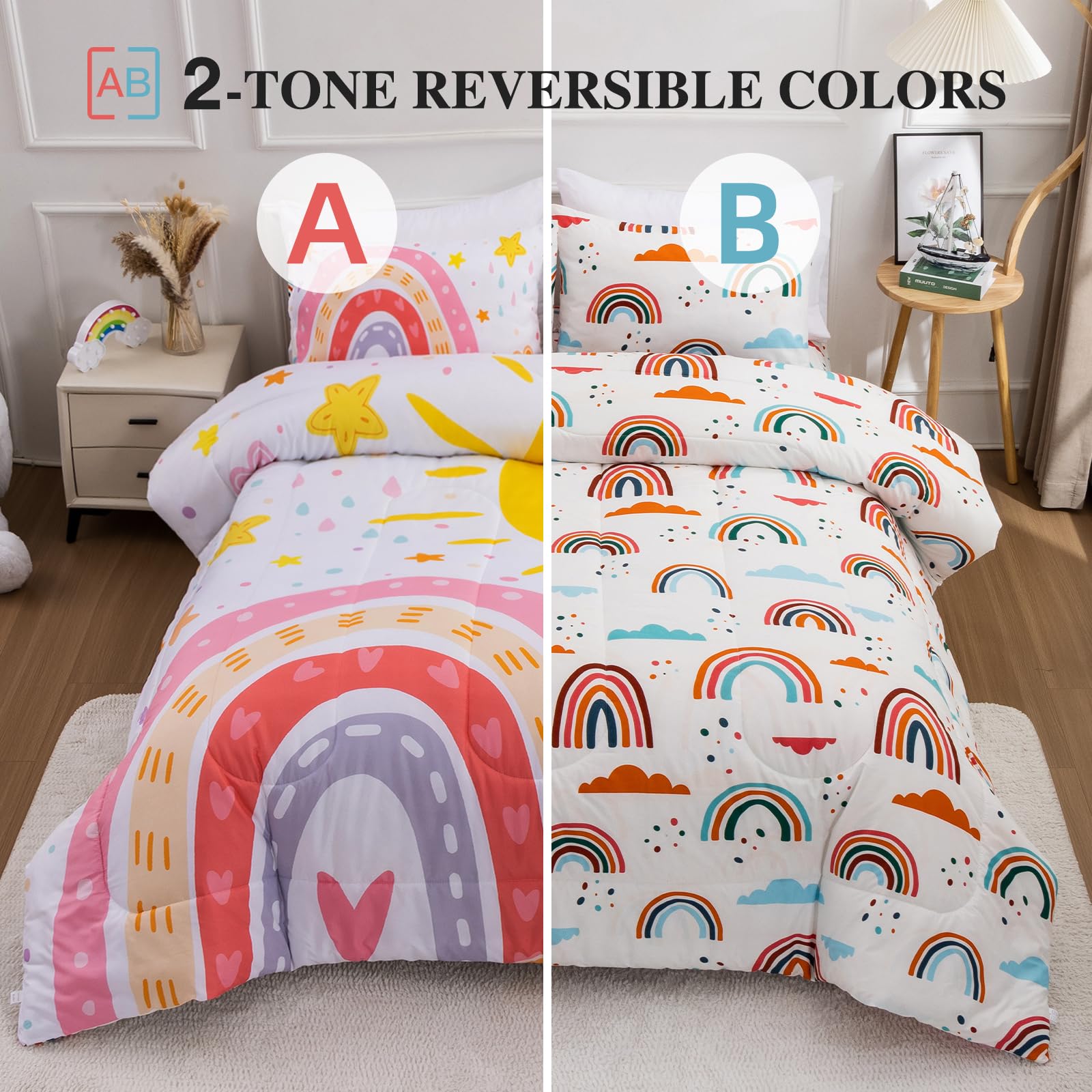 Btargot Lightweight Soft 3 Piece Rainbow Comforter Set With 2 Pillow Covers, Cartoon Love Hearts Flowers And Sun Star Bedding Se