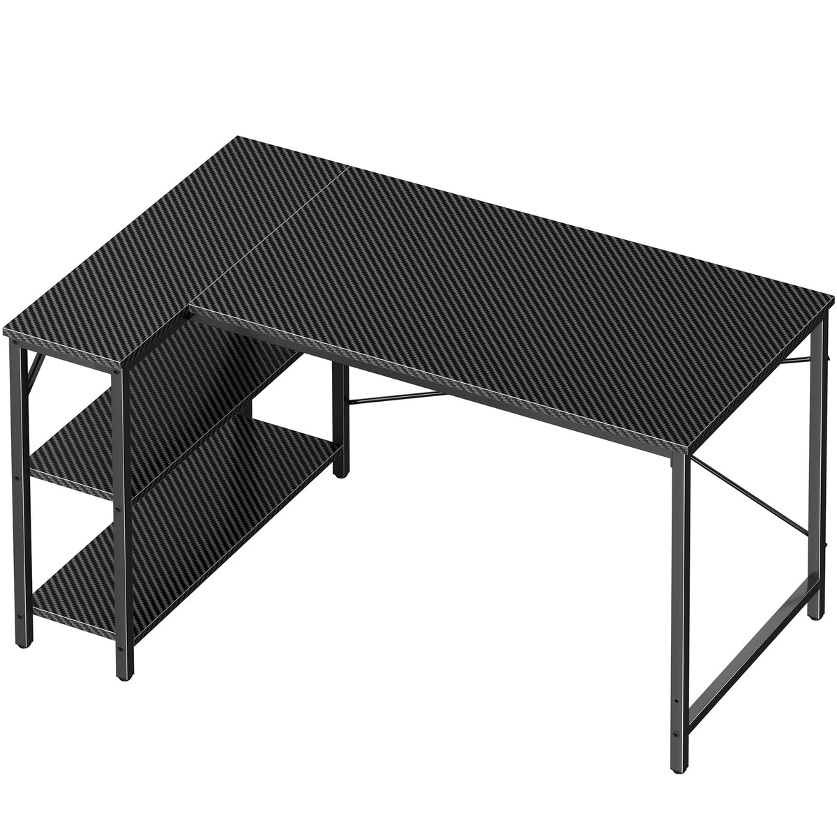 Huuger L Shaped Desk, 47 Inches Computer Desk With Reversible Storage Shelves, Gaming Desk, Corner Desk Home Office Desks, Writing Desk Study Desk With Metal Frame, Carbon Fiber Black