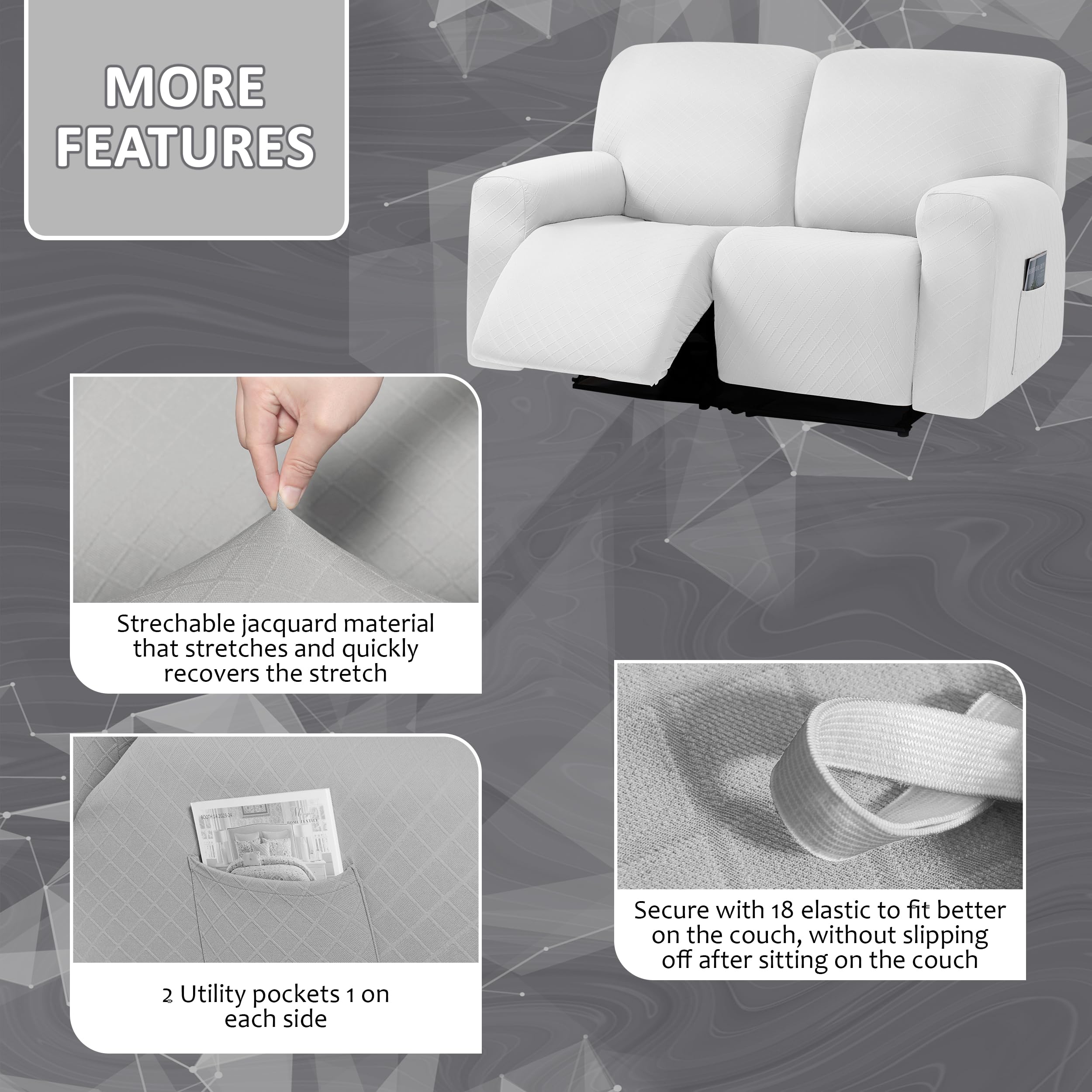 Ulticor Jacquard Loveseat Recliner Slipcover, 6-Piece, 48-65'' L, Washable, White