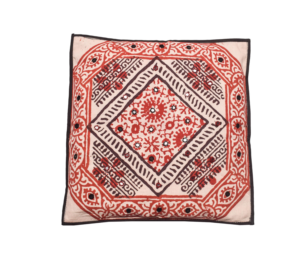 Ethnics Of Kutch Bela Print Cotton Bela Print & Small Mirror Work Cushion Cover  (Red 03801B)