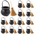 ROYHOO 24PCS/Set Mini Plastic Cauldron with Mini Witch Brooms, Witch Calderon Pot Black Buckets with Handle for Kids Halloween C