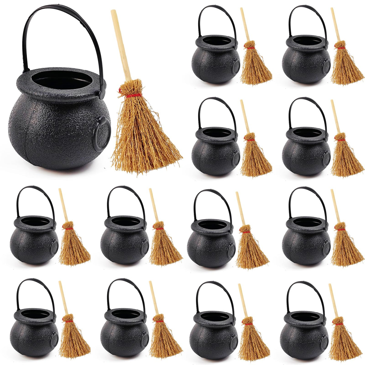ROYHOO 24PCS/Set Mini Plastic Cauldron with Mini Witch Brooms, Witch Calderon Pot Black Buckets with Handle for Kids Halloween C