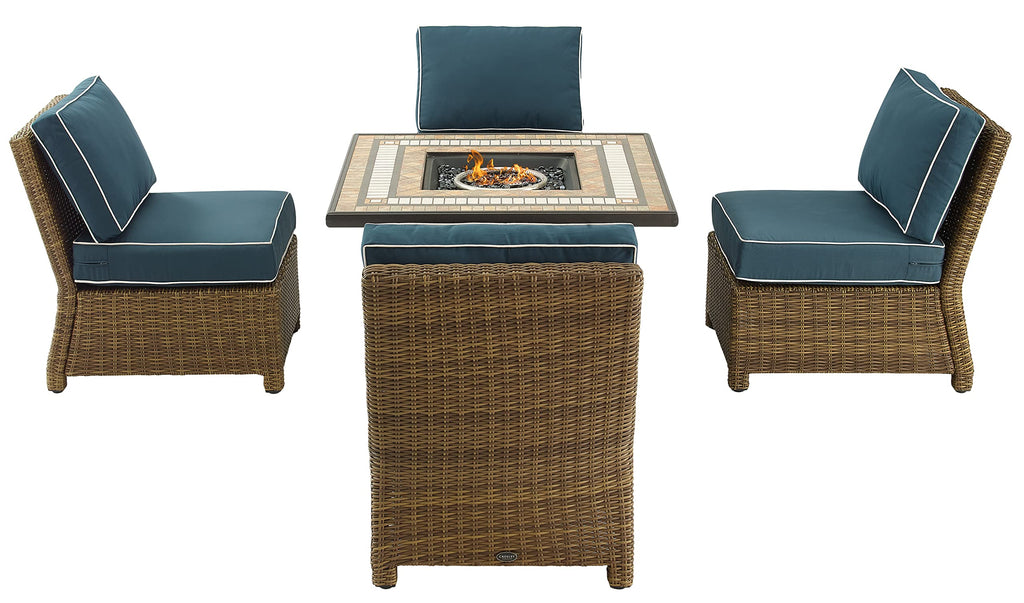 Crosley Furniture Bradenton 5-Piece Wicker Outdoor Chair Patio Furniture Set with Propane Gas Fire Pit Table, Brown with Navy Cushions