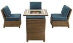 Crosley Furniture Bradenton 5-Piece Wicker Outdoor Chair Patio Furniture Set with Propane Gas Fire Pit Table, Brown with Navy Cushions