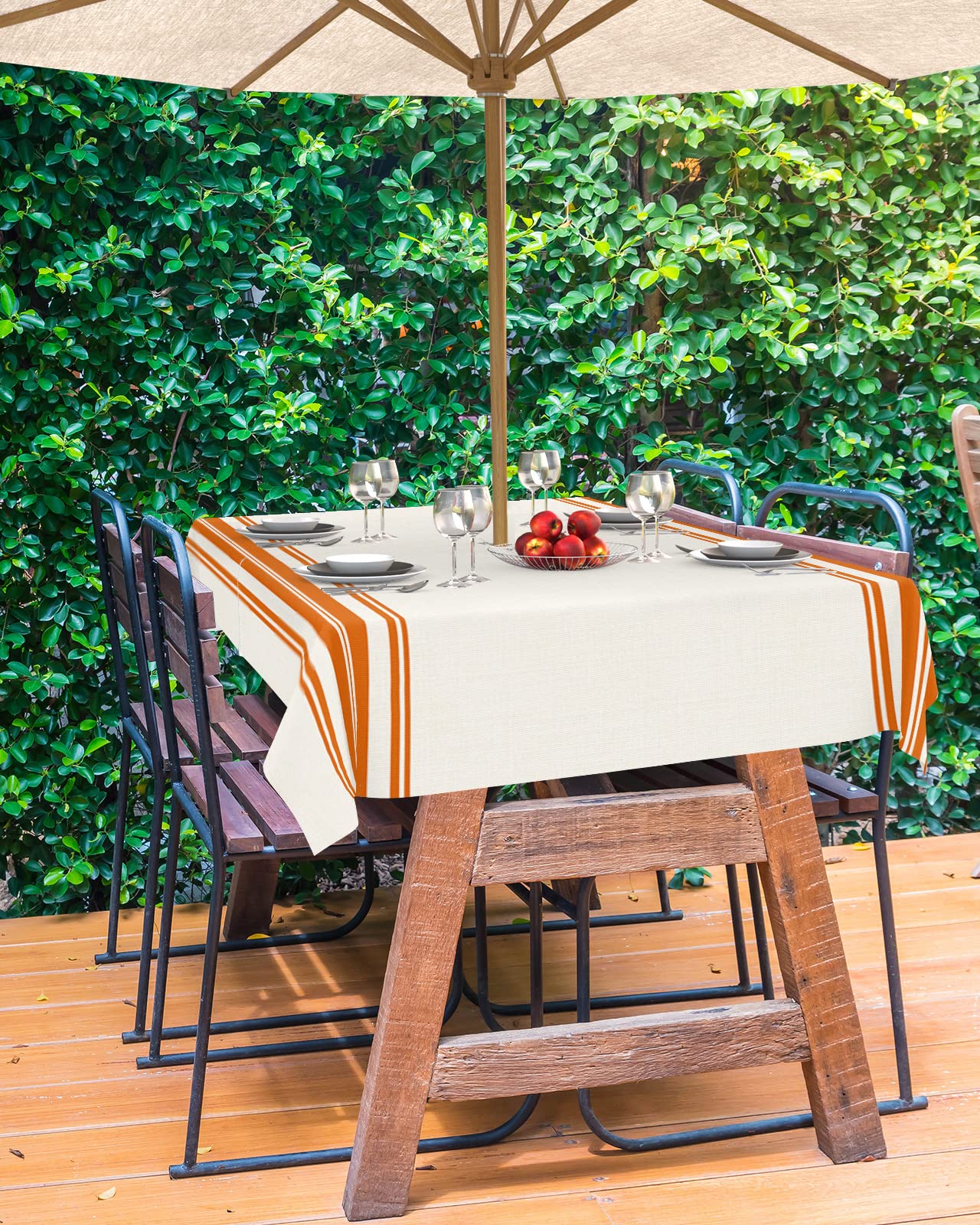 Fall Outdoor Tablecloth With Umbrella Hole, Farmhouse Orange Stripe Rectangle Tables Zippered Table Cloth Waterproof Tabletop Ta