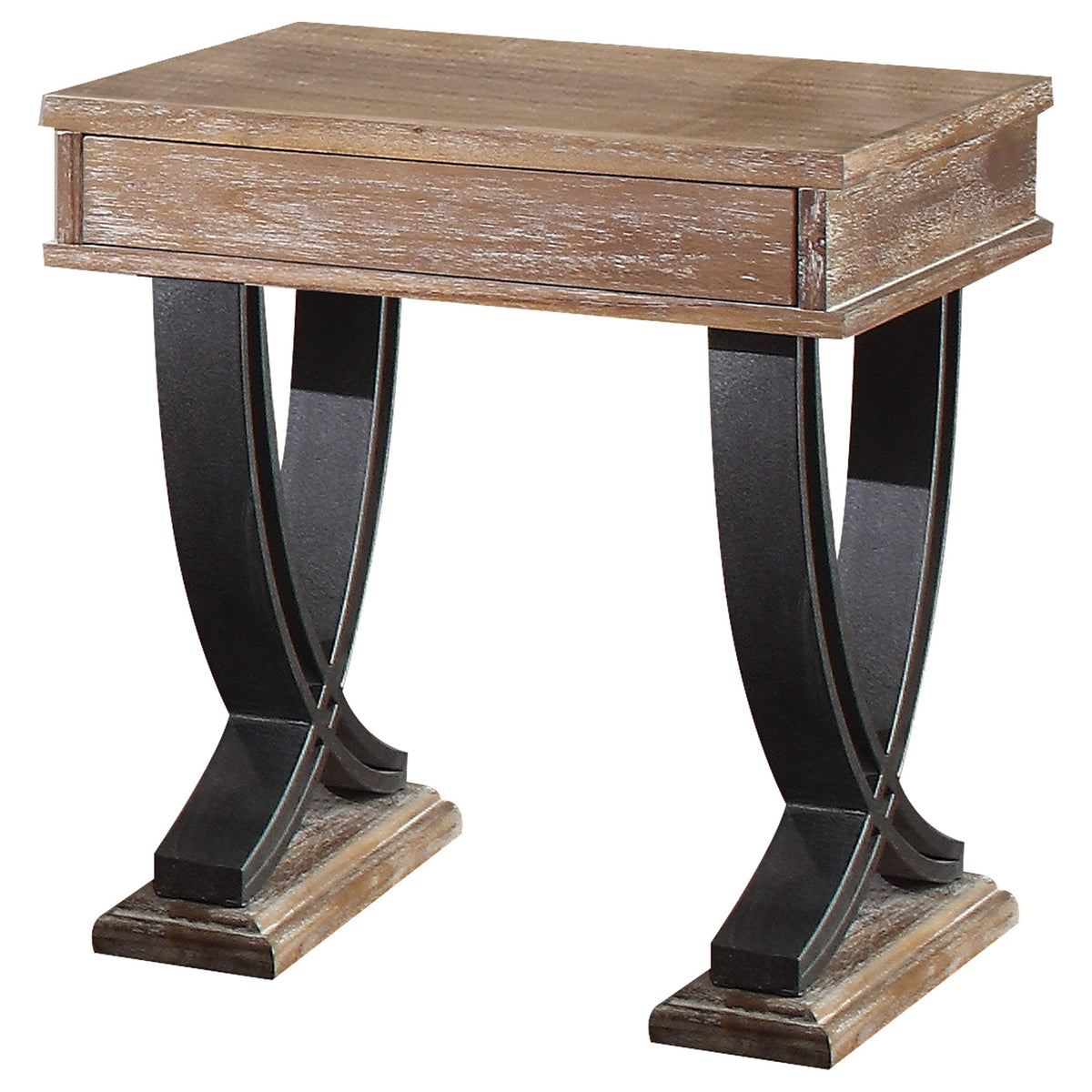 HomeRoots Wood, Metal Veneer (Wood), Engineered Wood 25' X 20' X 22' Wood, Metal, Veneer (Wood), and Engineered Wood End Table, Antique Oak & Black