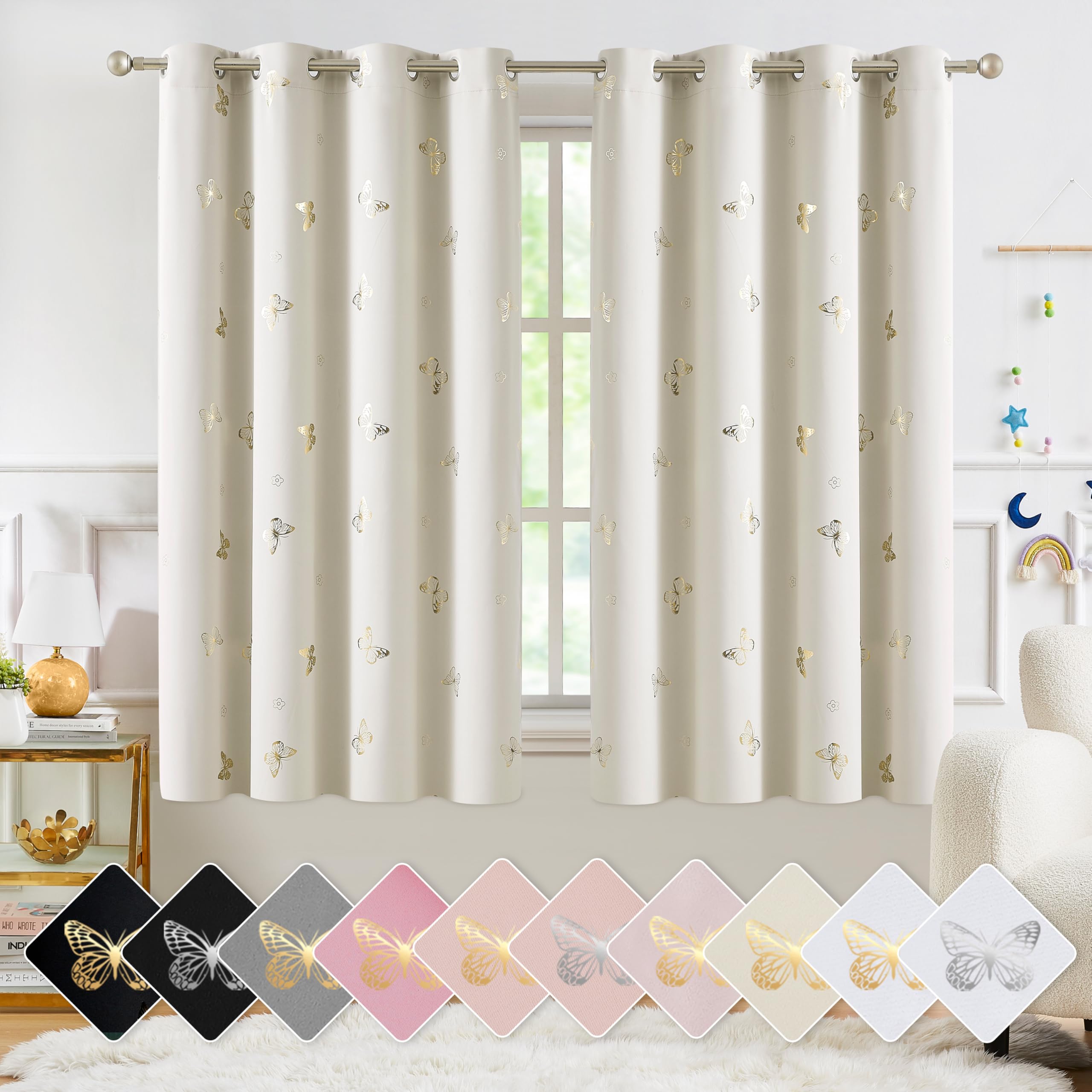 Jubilantex Butterfly Blackout Curtains 54' Long For Kids Bedroom, Beige And Gold Print Floral Butterfly Curtains With Black Lay