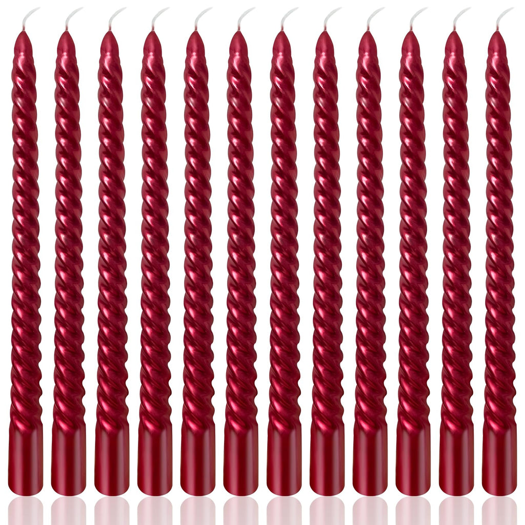 10 Inch Burgundy Spiral Taper Candles Set for Christmas and Valentine's Day, 12 Pack Unscented Red Candlesticks, Dripelss Thin C