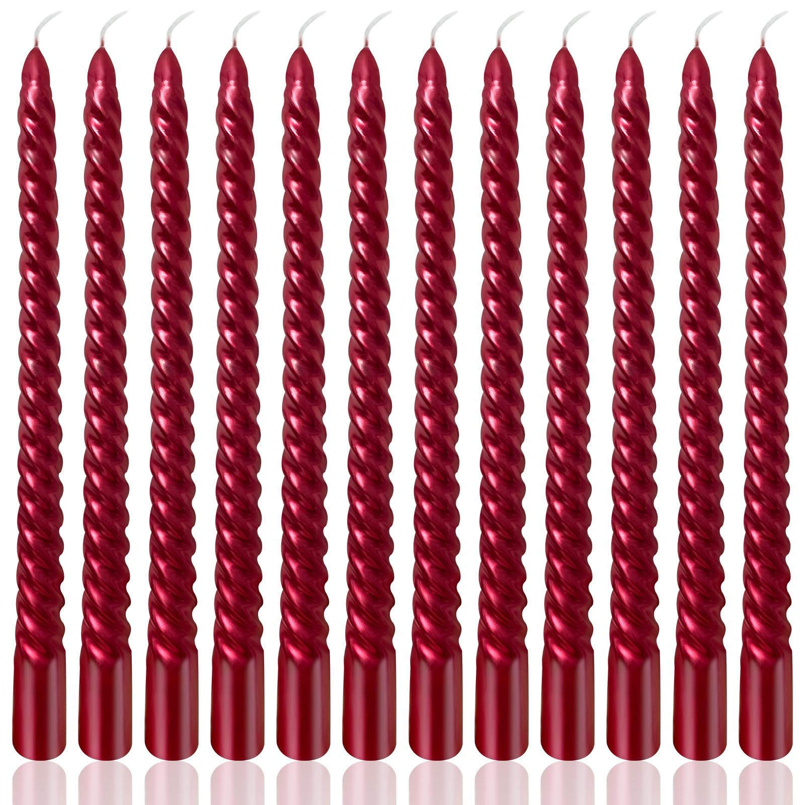 10 Inch Burgundy Spiral Taper Candles Set for Christmas and Valentine's Day, 12 Pack Unscented Red Candlesticks, Dripelss Thin C