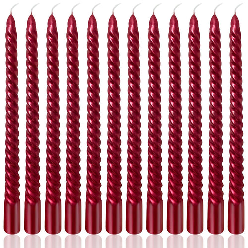 10 Inch Burgundy Spiral Taper Candles Set for Christmas and Valentine's Day, 12 Pack Unscented Red Candlesticks, Dripelss Thin C