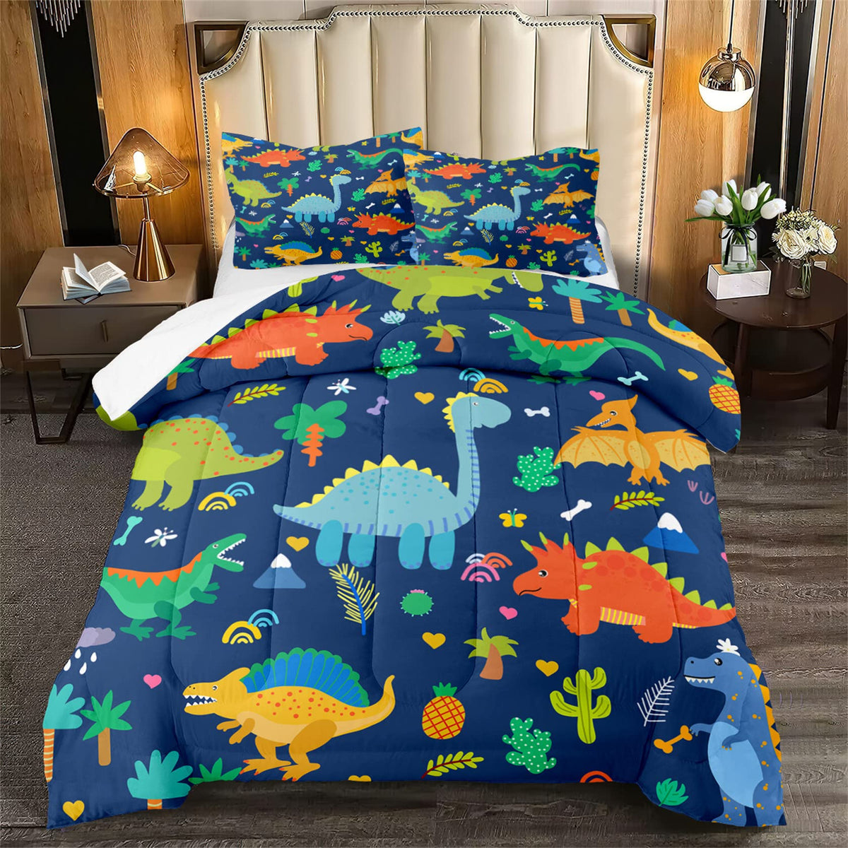 Dinosaur Comforter Set For Boys, Cartoon Dinosaur Bedding Set Queen Size, Cute Blue Pattern Dinosaur Comforter Set For Kids Teen
