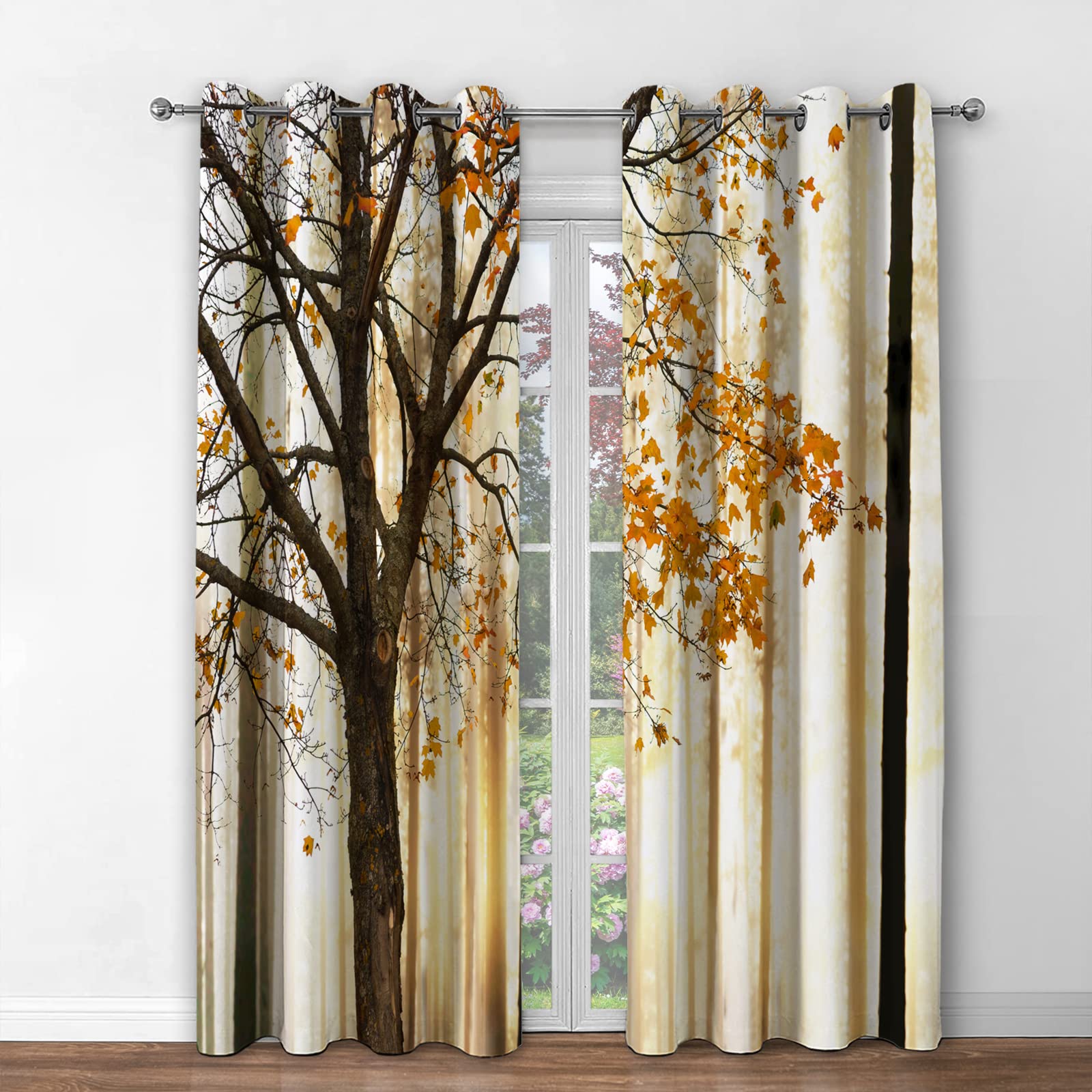 Jekeno Fall Tree Blackout Curtains Autumn Maple Tree Yellow Orange Leaves Brown Branch Wooden Nature Tree Decor Bedroom Living R