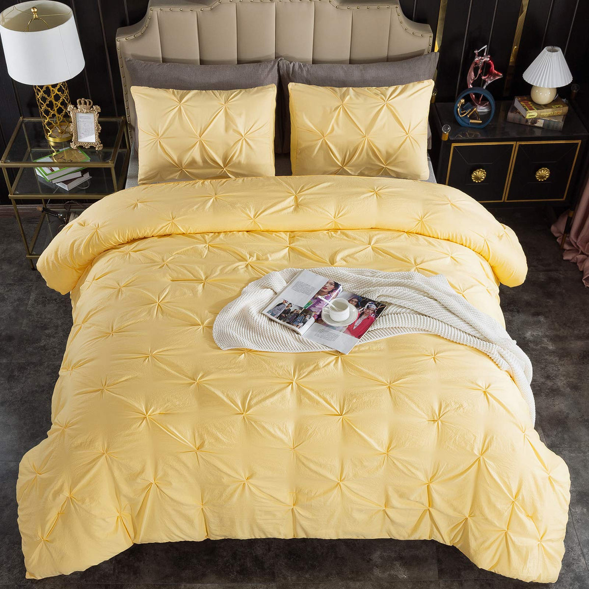 Andency Yellow Pinch Pleat Comforter Full(79X90Inch), 3 Pieces(1 Pintuck Comforter And 2 Pillowcases) Pintuck Comforter Set, Mic