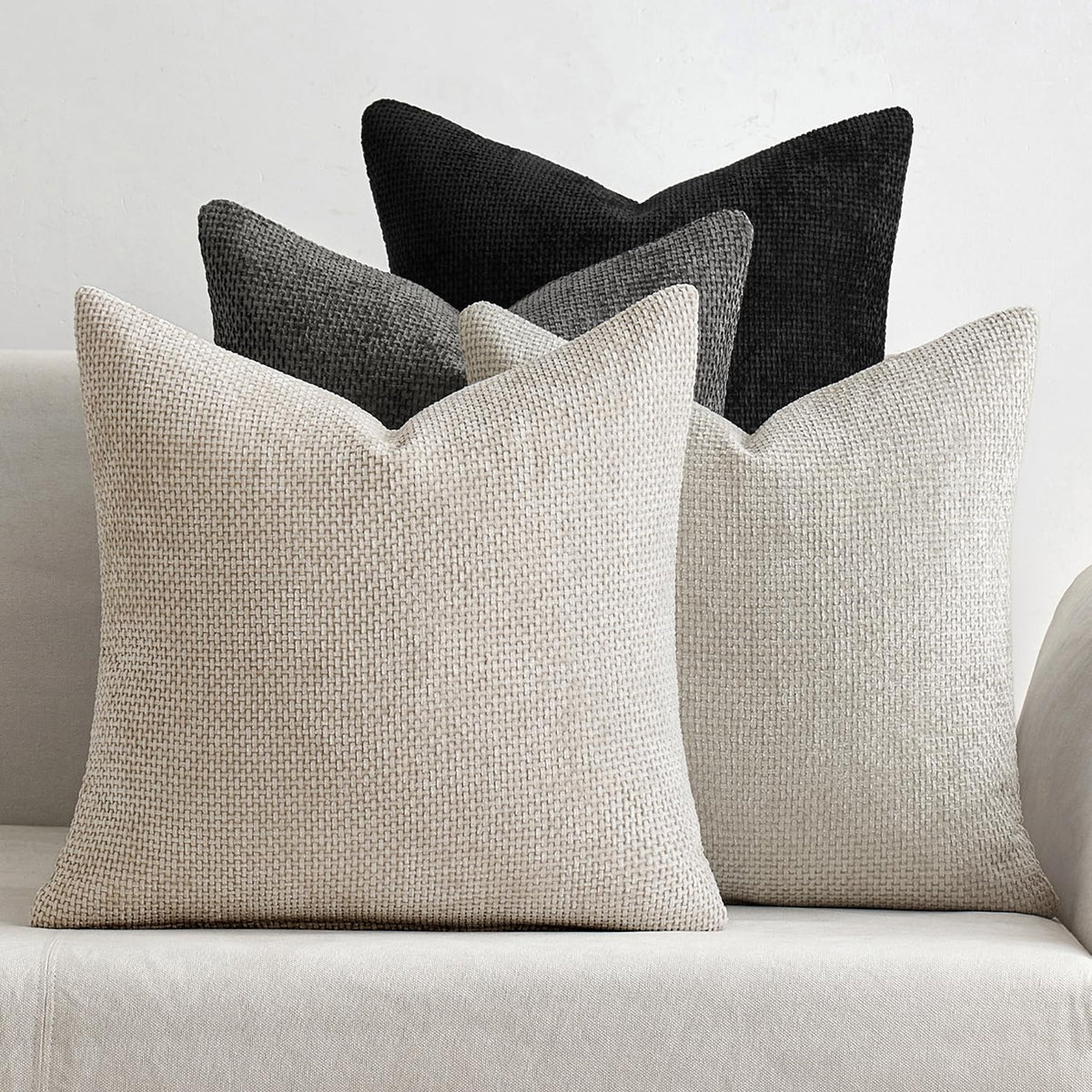 Miulee Pack Of 4 Couch Throw Pillow Covers 16X16 Inch Neutral Cream/Grey Soft Decorative Chenille Pillow Covers Farmhouse Cushio