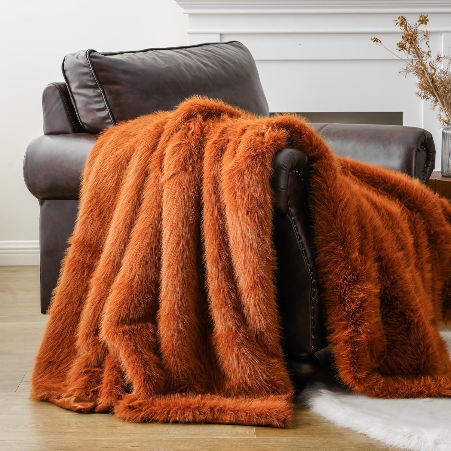 Battilo Home Luxury Fall Faux Fur Throw Blanket, Rust Orange Fur Blankets And Throw For Couch, Sofa, Chair, Bed, Soft Plush Warm