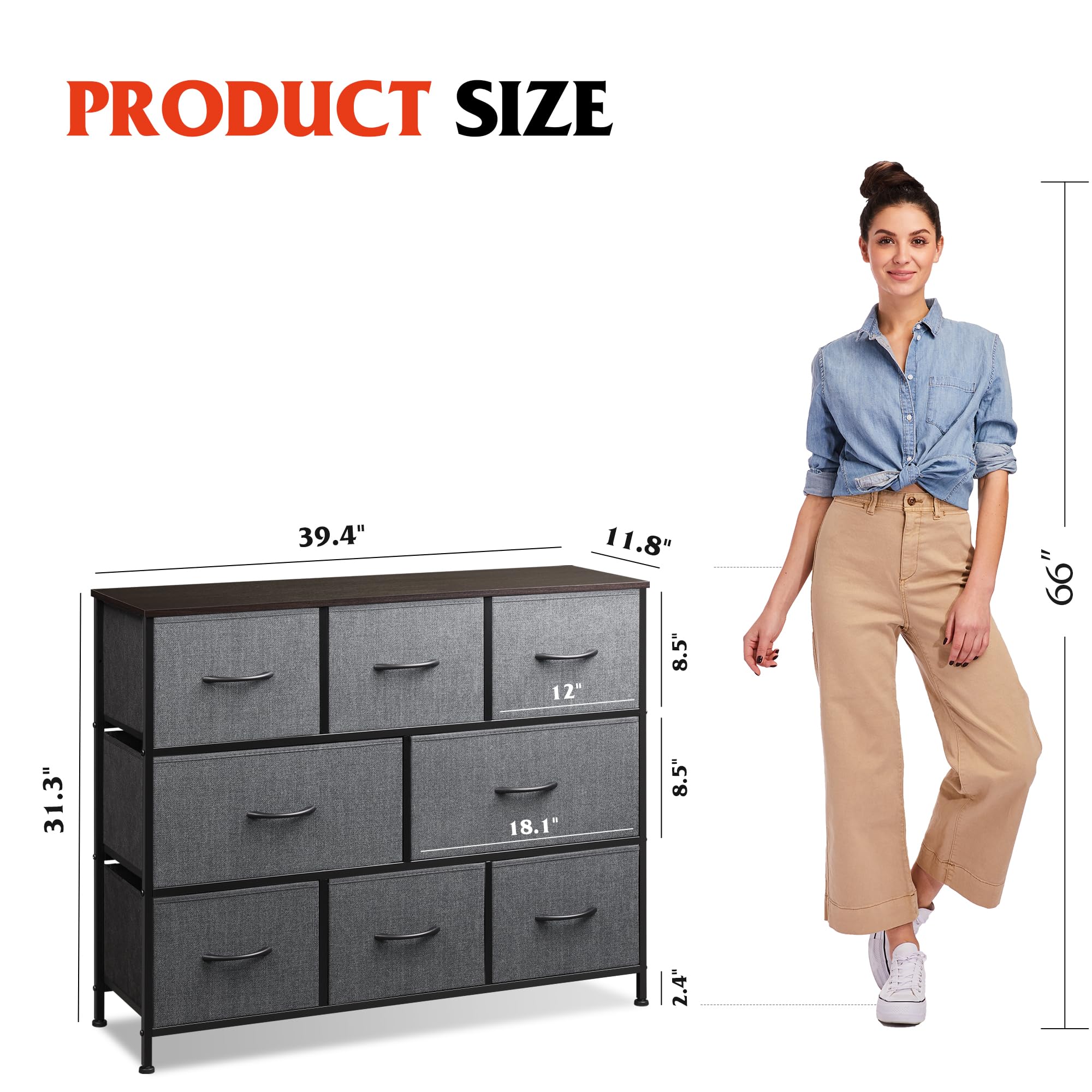 Wlive 8 Drawer Dresser For Bedroom, Fabric Dresser With Large Storage Drawer Unit For Entryway, Chest Of Drawers For Living Room, Dark Grey