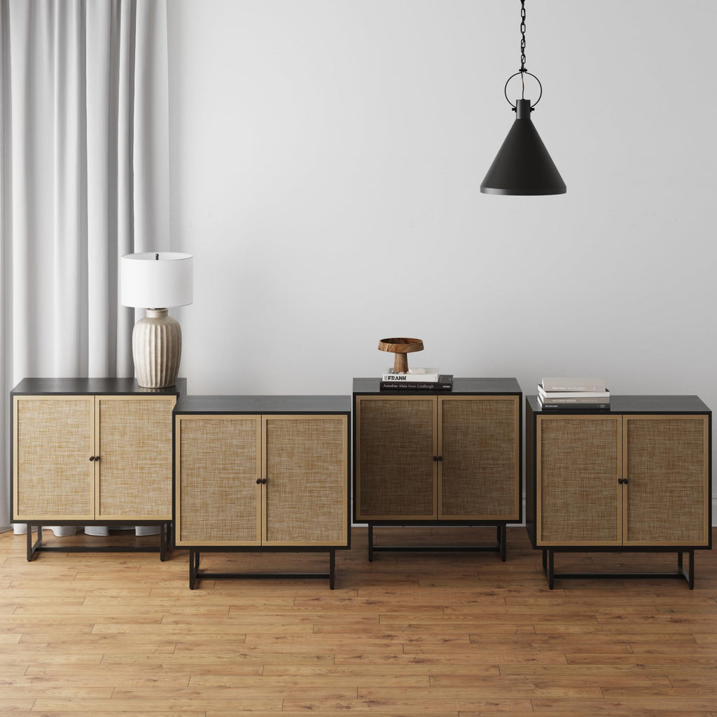 Nathan James Kova Rattan Wood Accent Sideboard Storage Cabinet Large Console Table With Metal Frame, Adjustable Shelves And Cane Doors, For Hallway, Entryway Or Living Room, Black Oak/Cane, Set Of 4