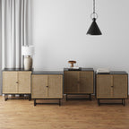Nathan James Kova Rattan Wood Accent Sideboard Storage Cabinet Large Console Table With Metal Frame, Adjustable Shelves And Cane Doors, For Hallway, Entryway Or Living Room, Black Oak/Cane, Set Of 4