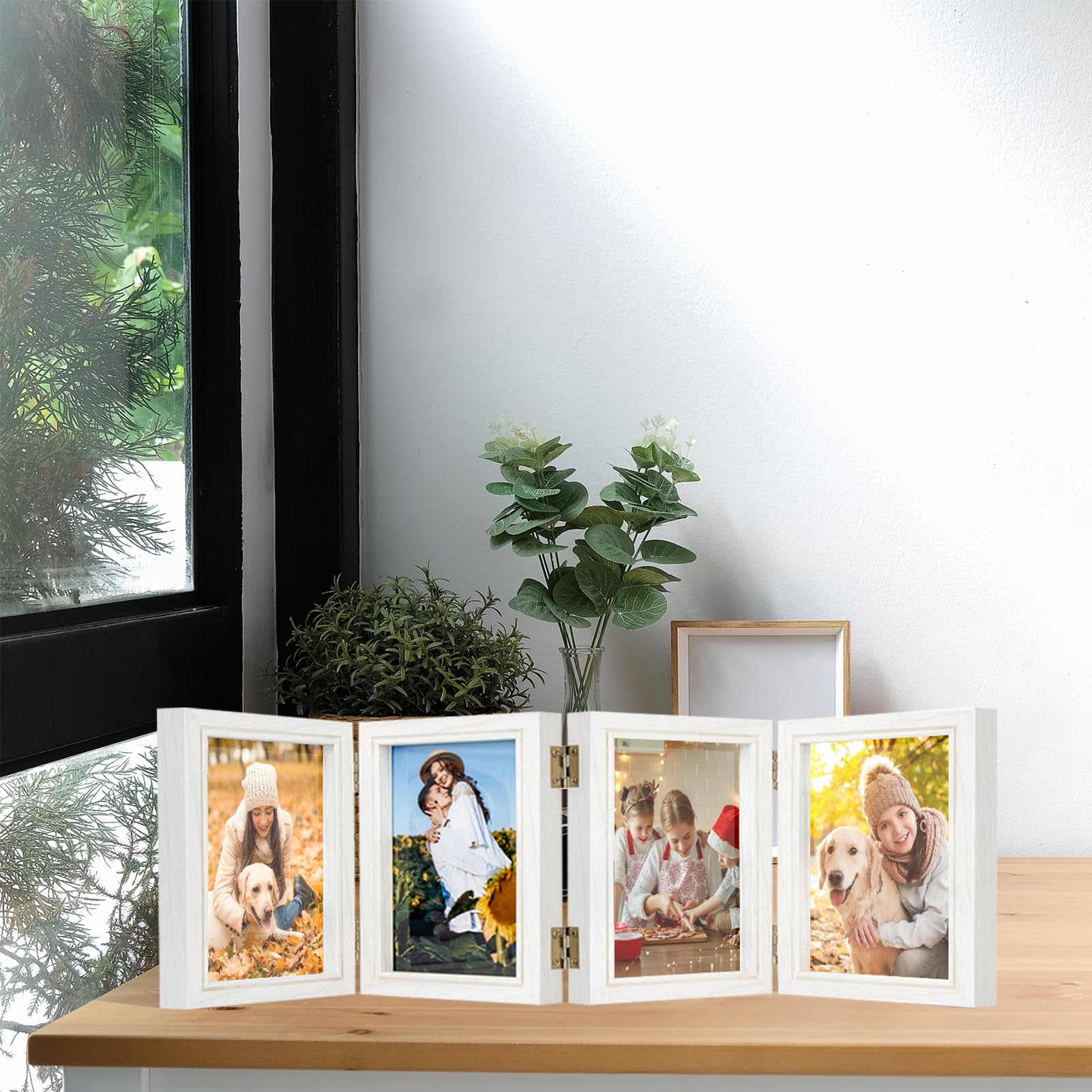 4X6 Four Picture Frame 4 Hinged Photo Frame With 4 Openings, Natural Wood Foldable Photo Frame With High Definition Acrylic For