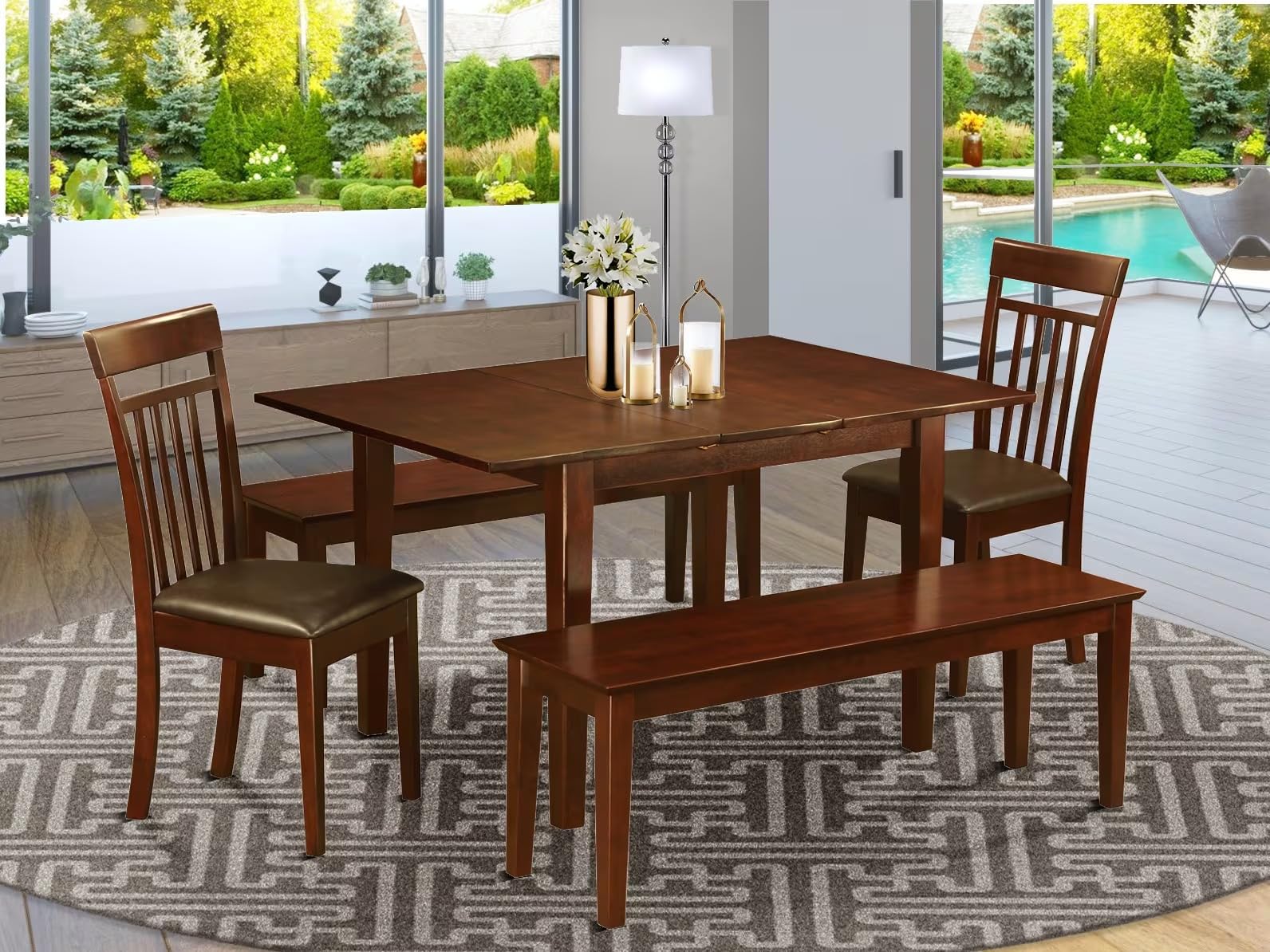 East West Furniture MLCA5C-MAH-LC 5 Piece Dining Table Set Includes a Rectangle Wooden Table with Butterfly Leaf and 2 Faux Leather Dining Chairs with 2 Benches, 36x54 Inch, Mahogany