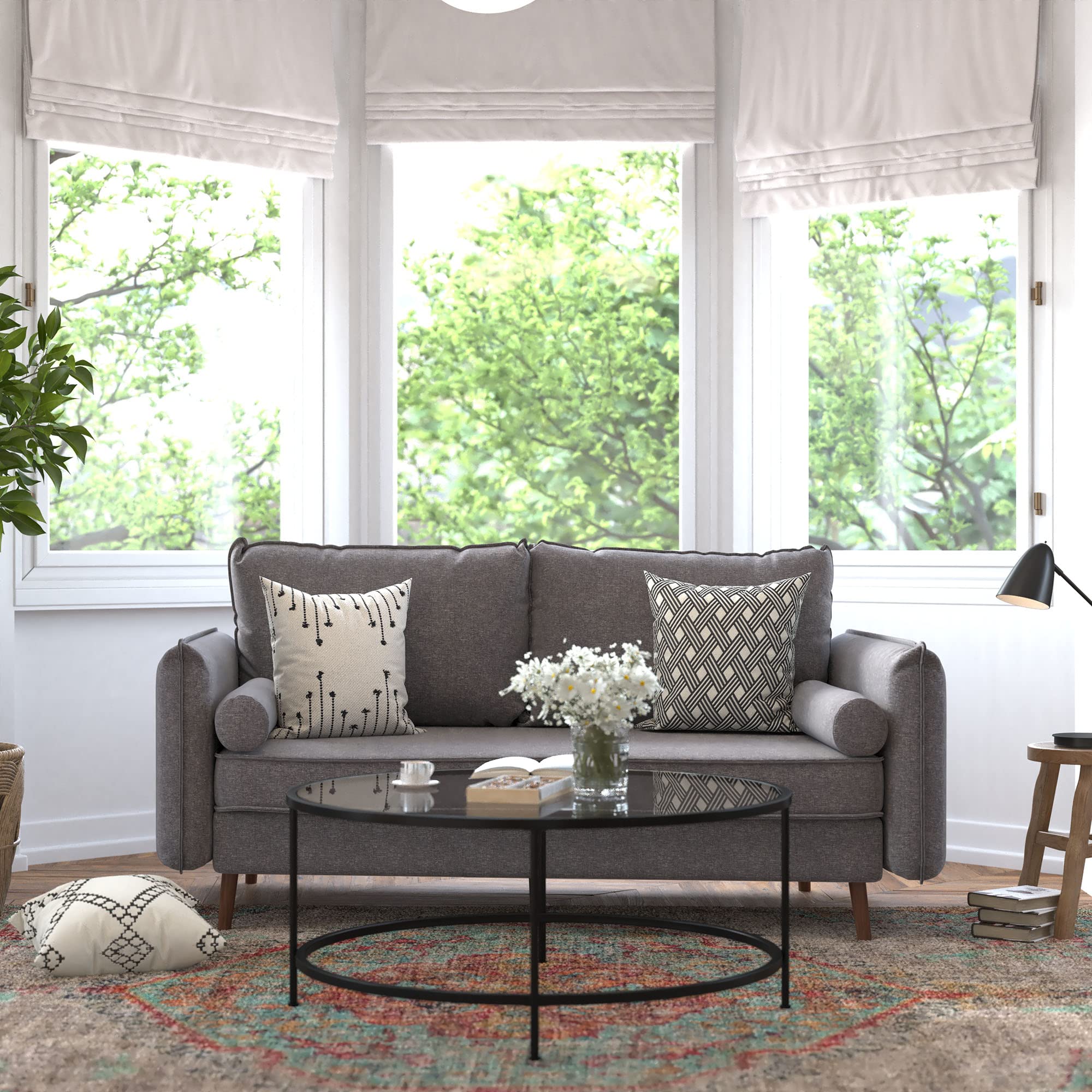 Flash Furniture Evie Mid-Century Modern Sofa - Stone Gray Faux Linen Fabric Upholstery - Real Wood Frame And Legs