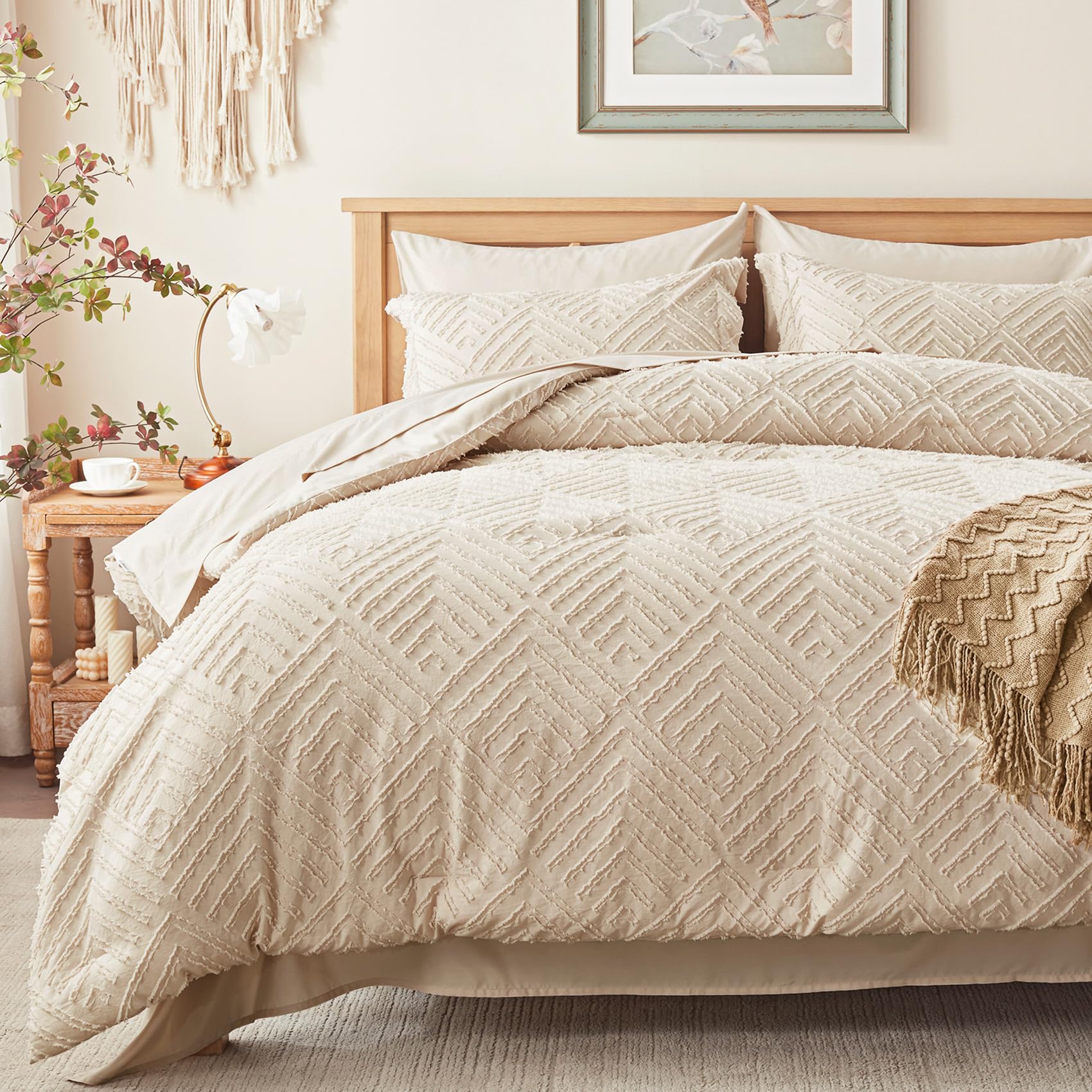 Zzlpp Full Comforter Set 7 Pieces, Beige Tufted Bed In A Bag With Comforter And Sheets, All Season Boho Bedding Sets With 1 Comf