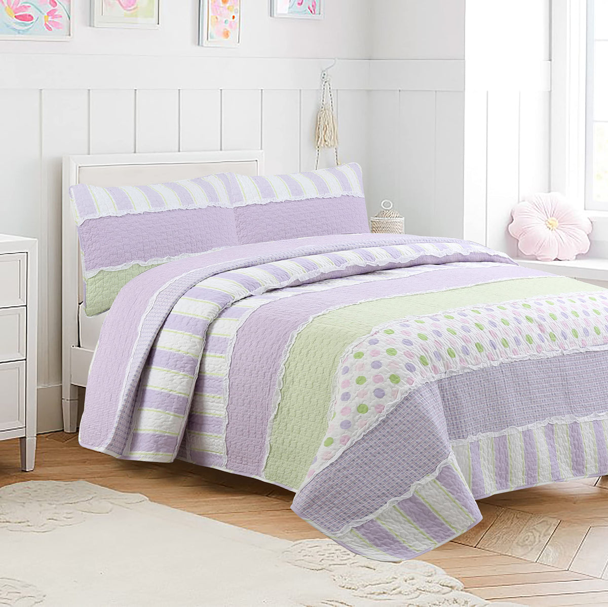 Cozy Line Home Fashions Lavender Green Stripe Dots Girl 100% Cotton Reversible Quilt Bedding Set, All-Season Coverlet Bedspread