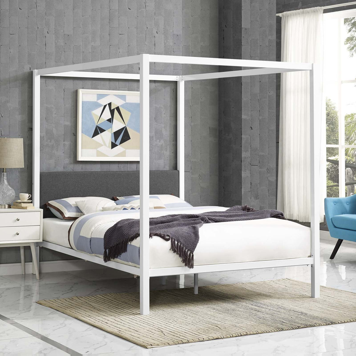 Modway Raina Metal Queen Canopy Bed Frame With Upholstered Gray Fabric Headboard In White Gray