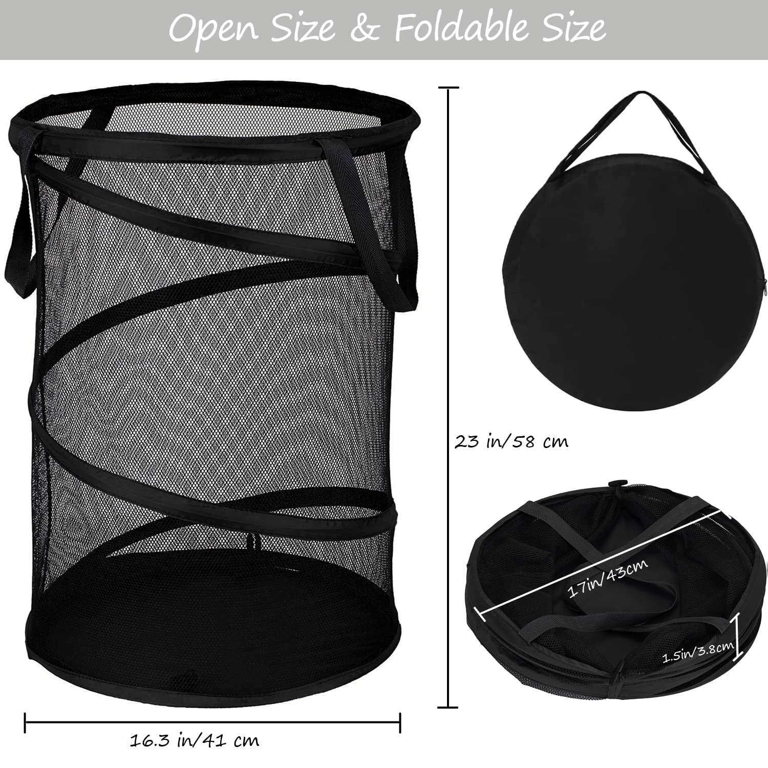 Battoo Black X-Large Collapsible Laundry Basket Foldable Mesh Pop Up Hamper With Handles For Laundry Room, Bathroom, Kids Room,