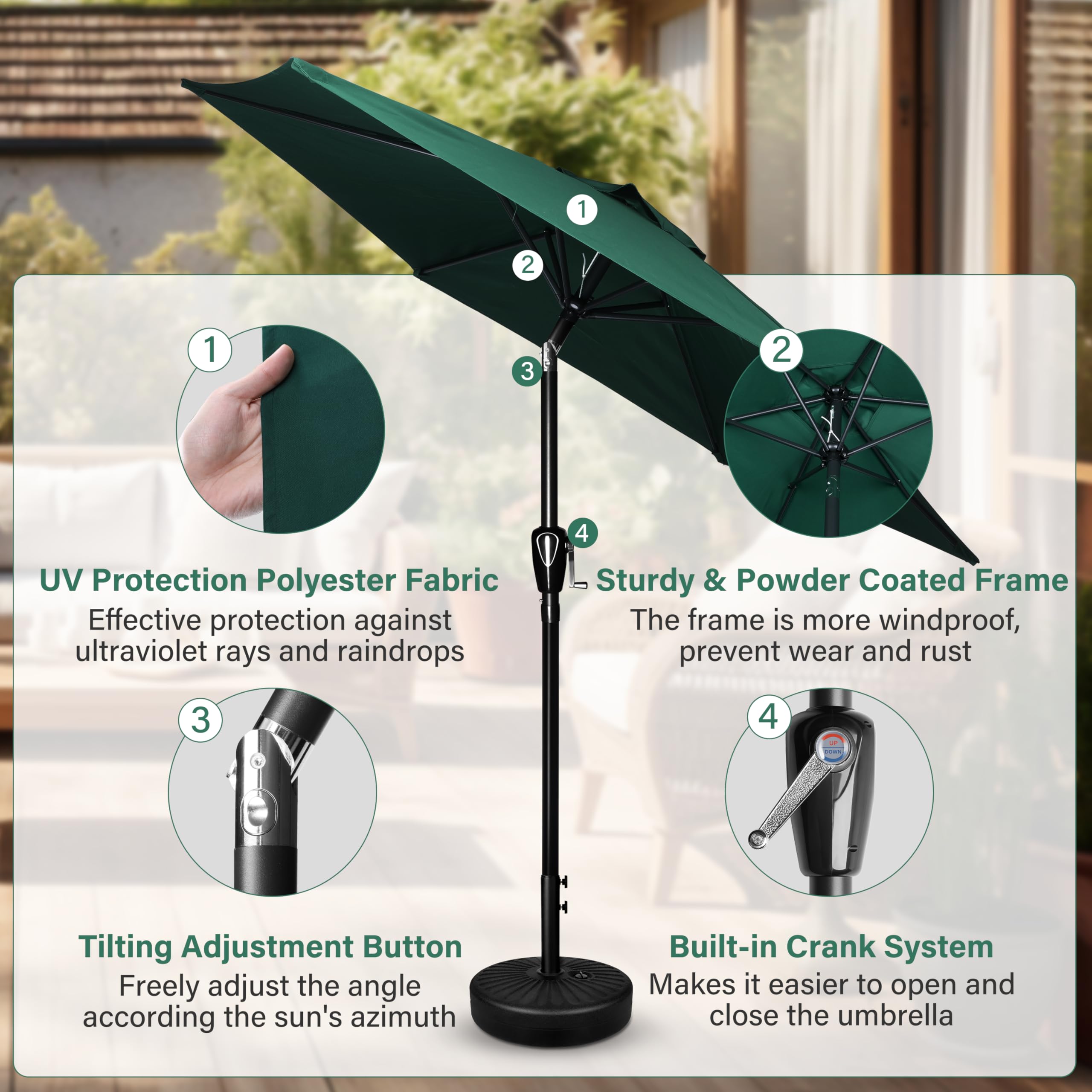 Simple Deluxe 2 Pack 7.5' Patio Umbrella Outdoor Table Market Yard Umbrella With 6 Sturdy Ribs For Backyard, Pool, Garden, Deck, Green