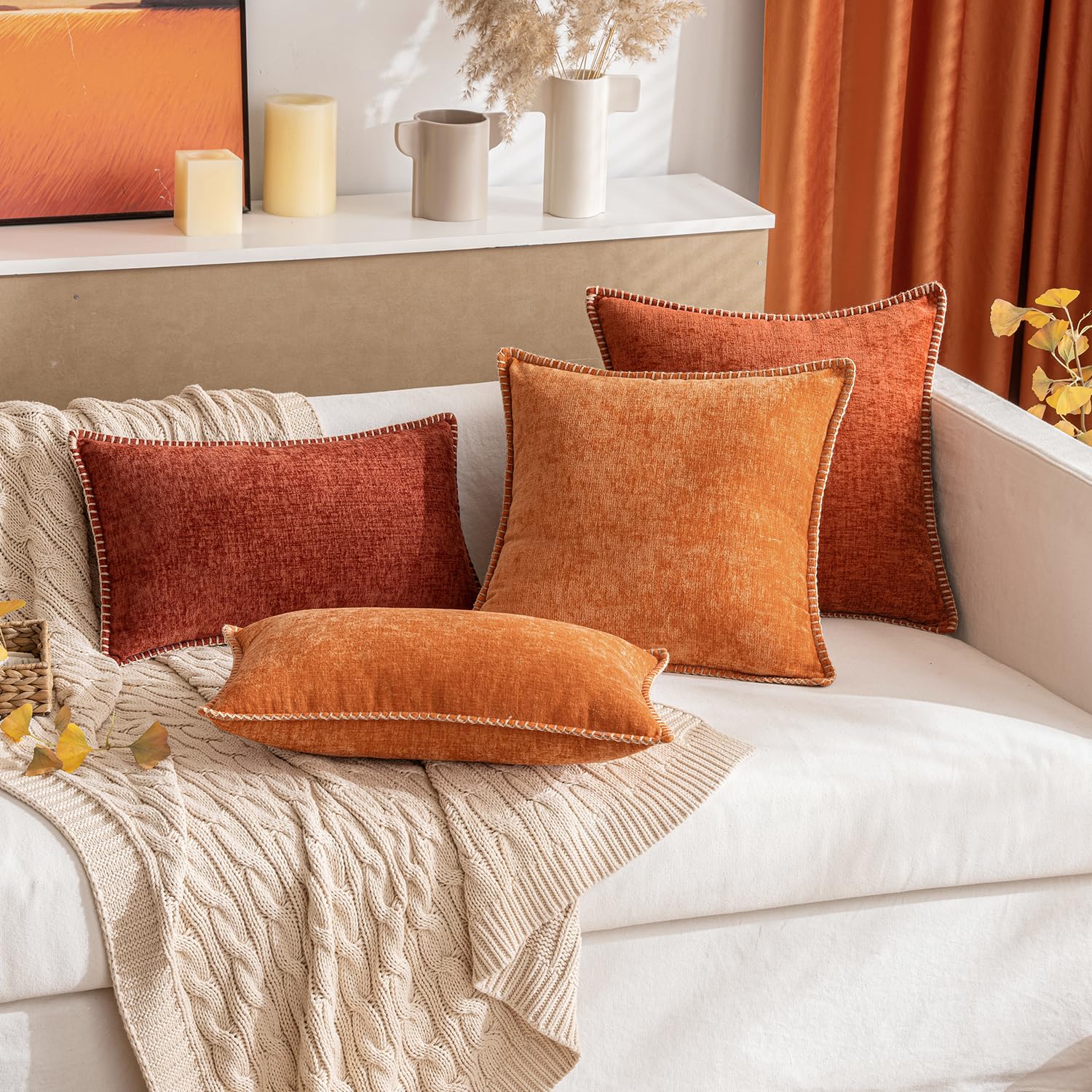 Miulee Pack Of 2 Couch Throw Pillow Covers 20X20 Inch Rust Farmhouse Decorative Pillow Covers With Stitched Edge Soft Chenille Solid Dyed Fall Pillow Covers For Sofa Bed Living Room