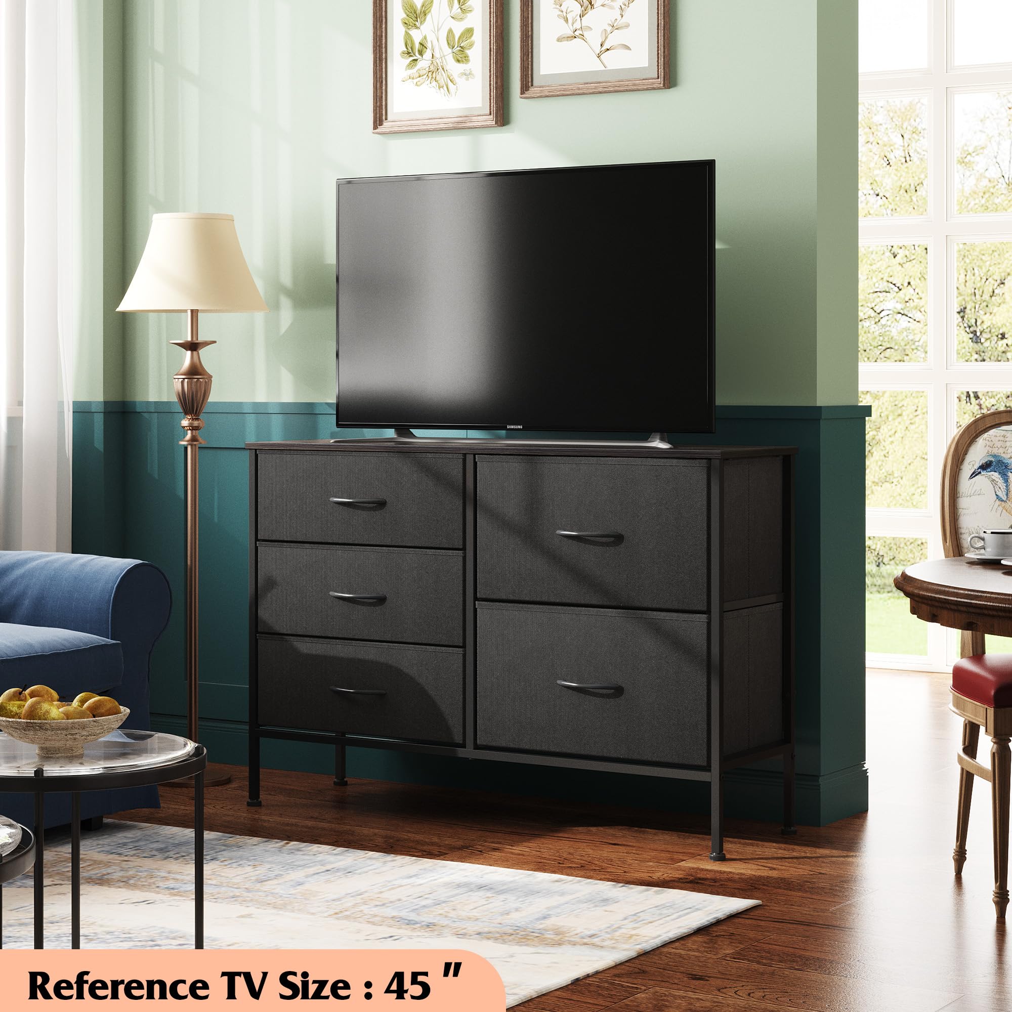 Wlive Dresser For Bedroom With 5 Drawers, Wide Bedroom Dresser With Drawer Organizers, Chest Of Drawers, Fabric Dresser For Living Room, Closet, Hallway, Charcoal Black