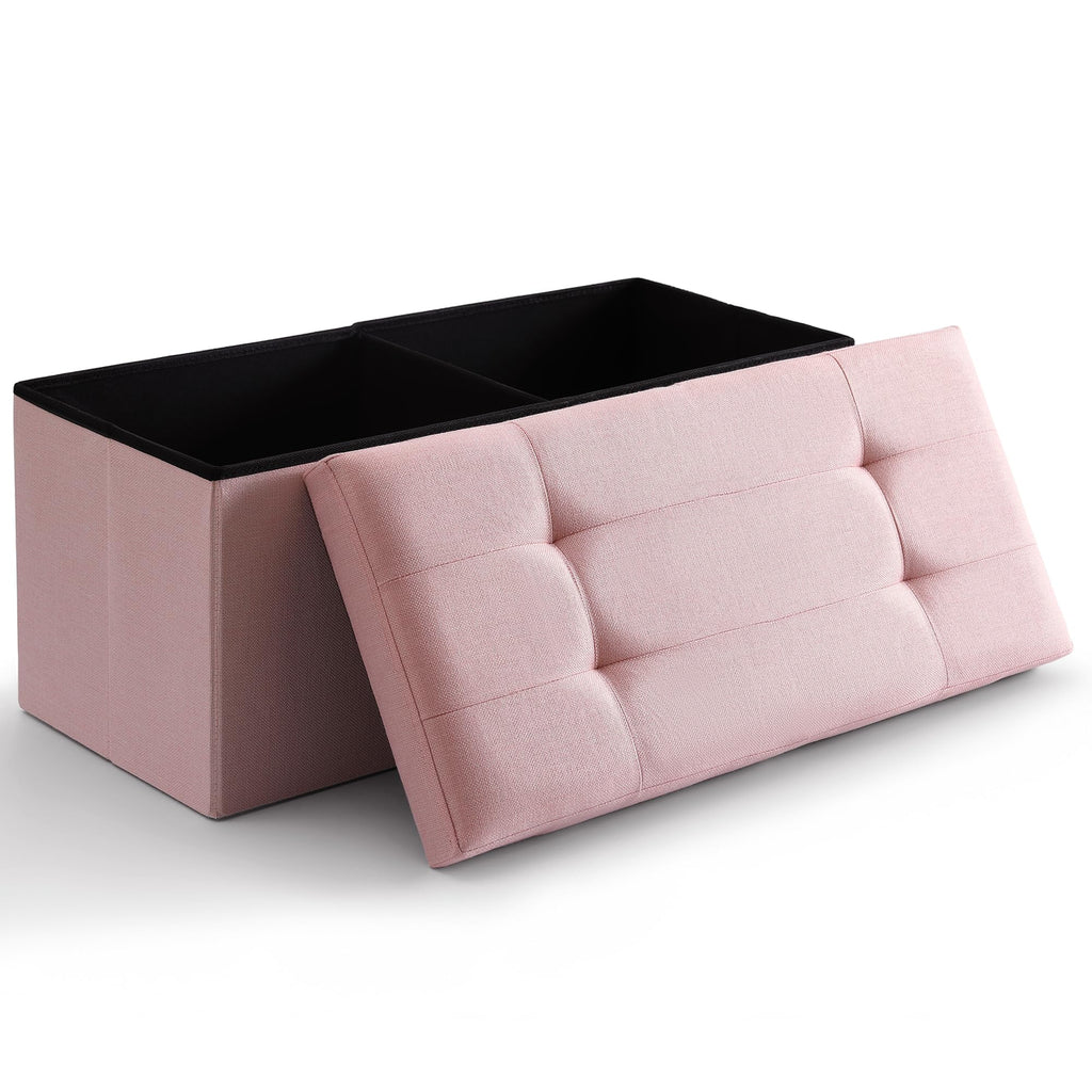 Cuyoca Storage Ottoman Bench Foldable Seat Footrest Shoe Bench End Of Bed Storage With Flipping Lid, 75L Storage Space, 30 Inches Linen Fabric Pink