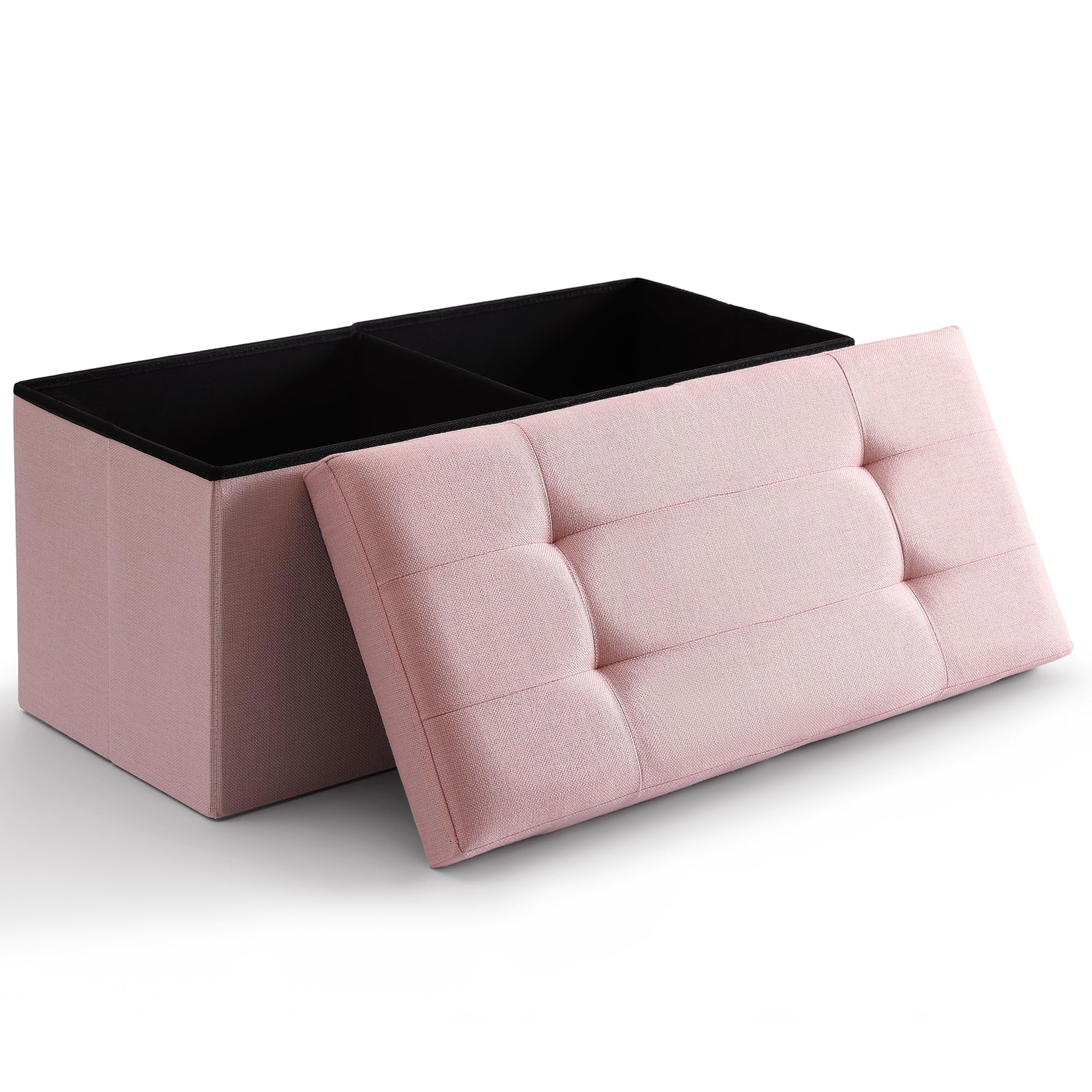 Cuyoca Storage Ottoman Bench Foldable Seat Footrest Shoe Bench End Of Bed Storage With Flipping Lid, 75L Storage Space, 30 Inches Linen Fabric Pink