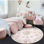 Lahome Washable Pink Round Rug 4Ft, Soft Boho Circle Rug For Nursery And Girls, Small Floral Round Area Rug Non-Slip, Pastel Cir