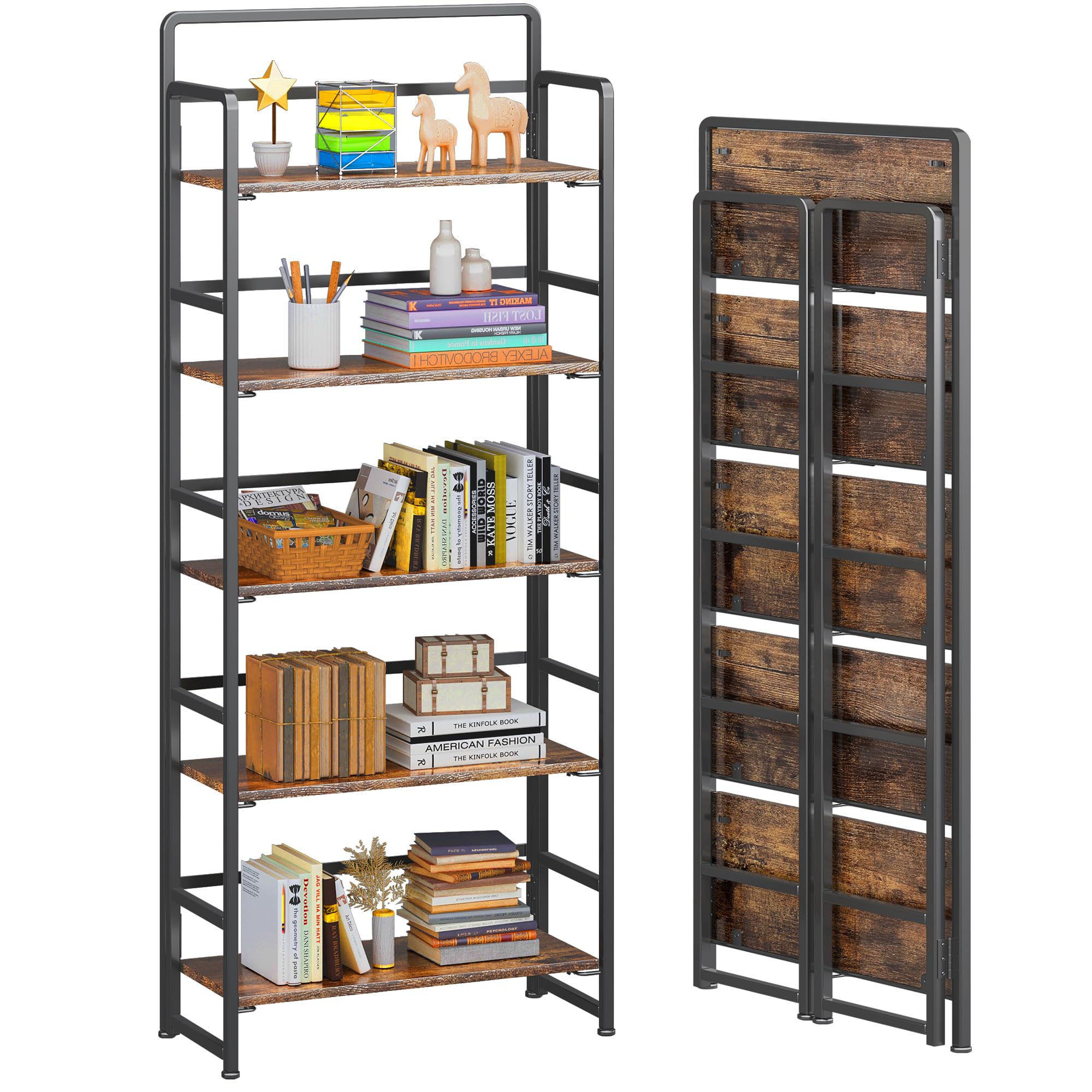 4NM No-Assembly 5 Tiers Folding Bookshelf Storage Shelves Vintage Bookcase Standing Racks Study Organizer Home Office (Rustic Br