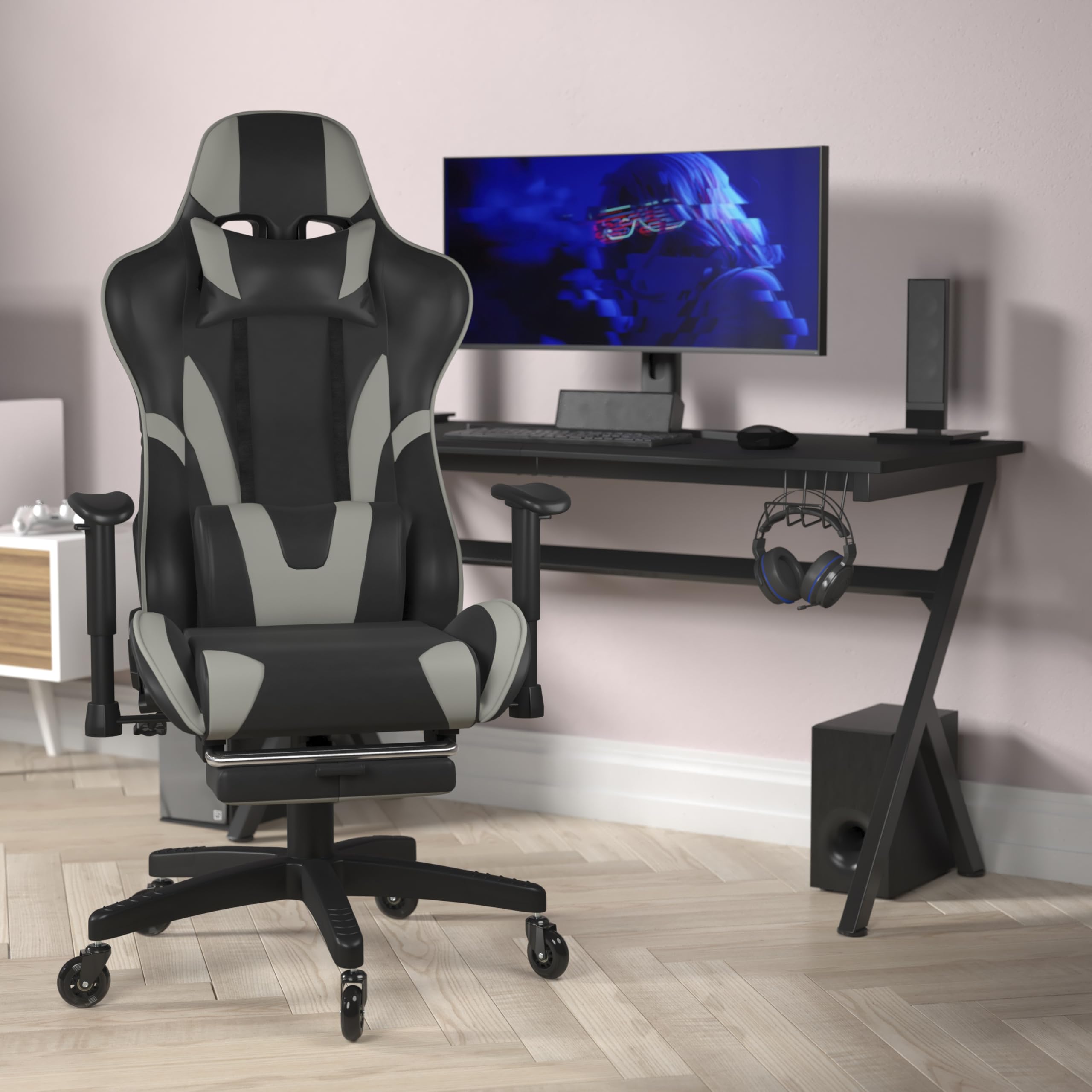 Flash Furniture X30 Gaming Chair Racing Computer Chair - Gray Leathersoft Upholstery - Reclining Back - Slide-Out Footrest - Roller Wheels