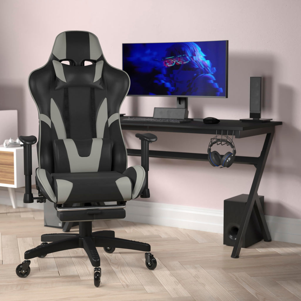 Flash Furniture X30 Gaming Chair Racing Computer Chair - Gray Leathersoft Upholstery - Reclining Back - Slide-Out Footrest - Roller Wheels