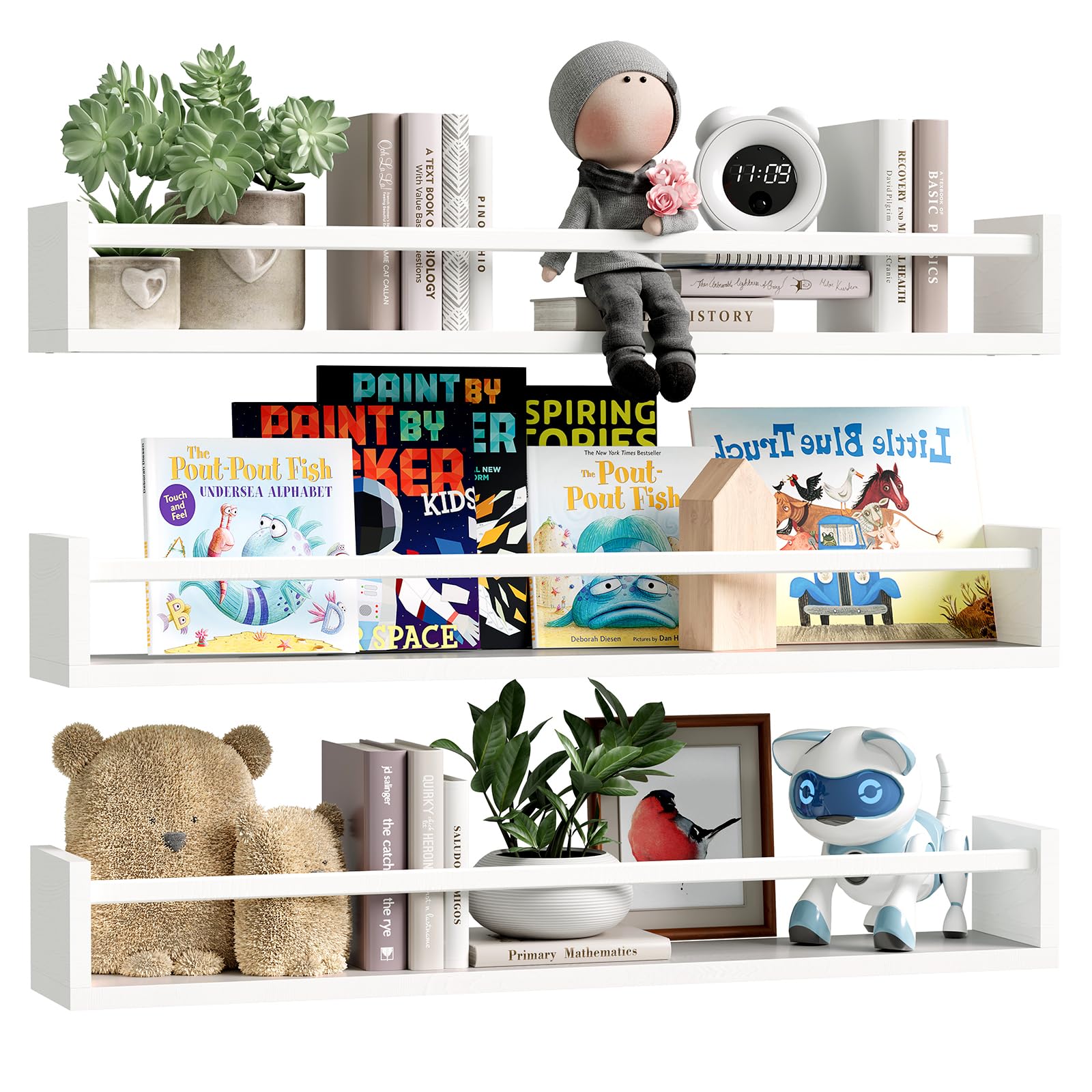 Fixwal Nursery Book Shelves, 23.6 Inch Floating Bookshelf For Wall, Set Of 3, Nursery Decor, Solid Wood Wall Mounted Shelves For Books, Toys And Decor Storage (White)