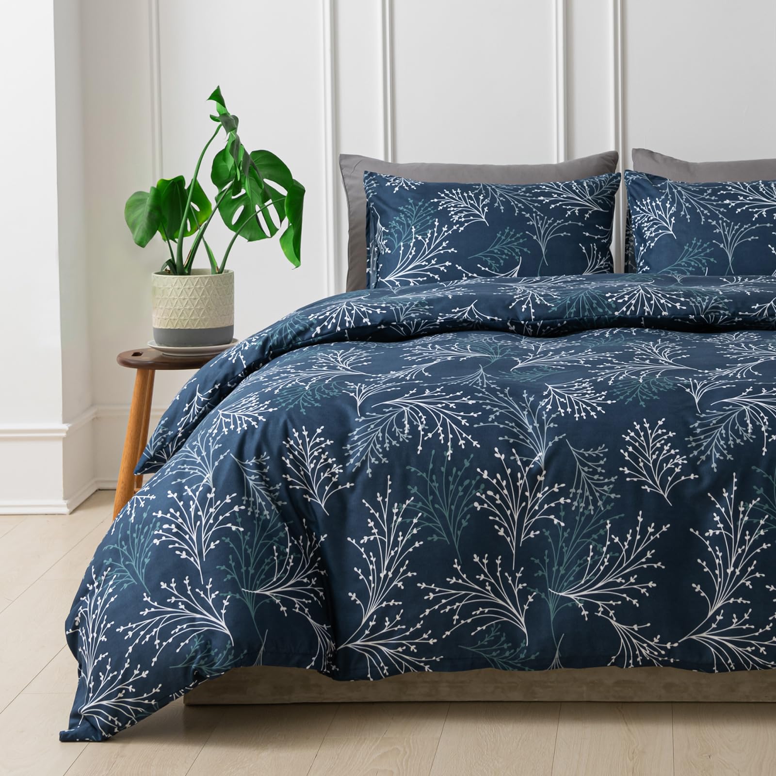 Lekesky Reversible Duvet Cover King Size, Navy Blue White Branch Comforter Cover King 3Pcs Microfiber Botanical Bedding Set With