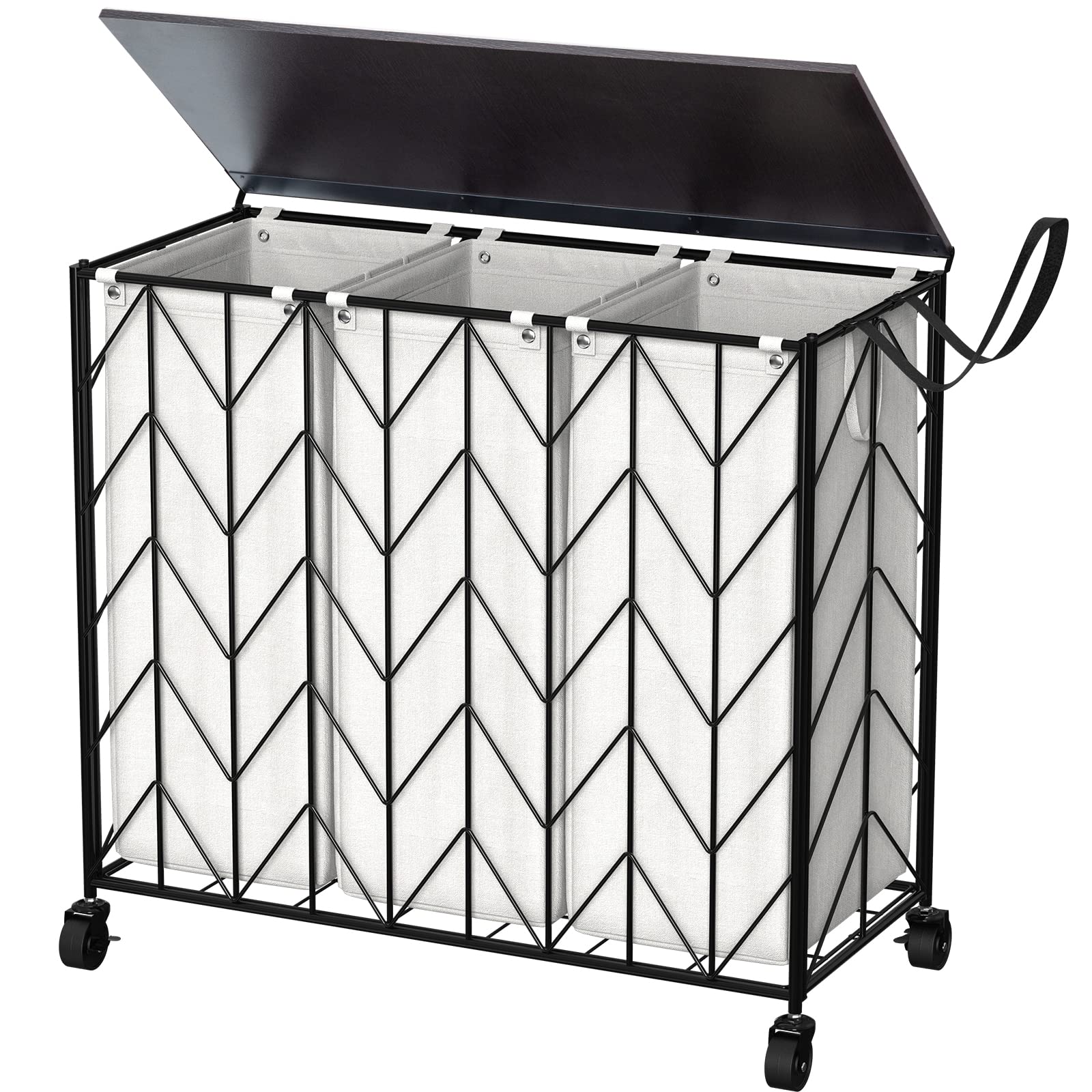 WOWLIVE Laundry Basket with Wheels, 142L Laundry Hamper 3 Section with Lid, Dirty Clothes Hamper with Removable Bags, Large Capa
