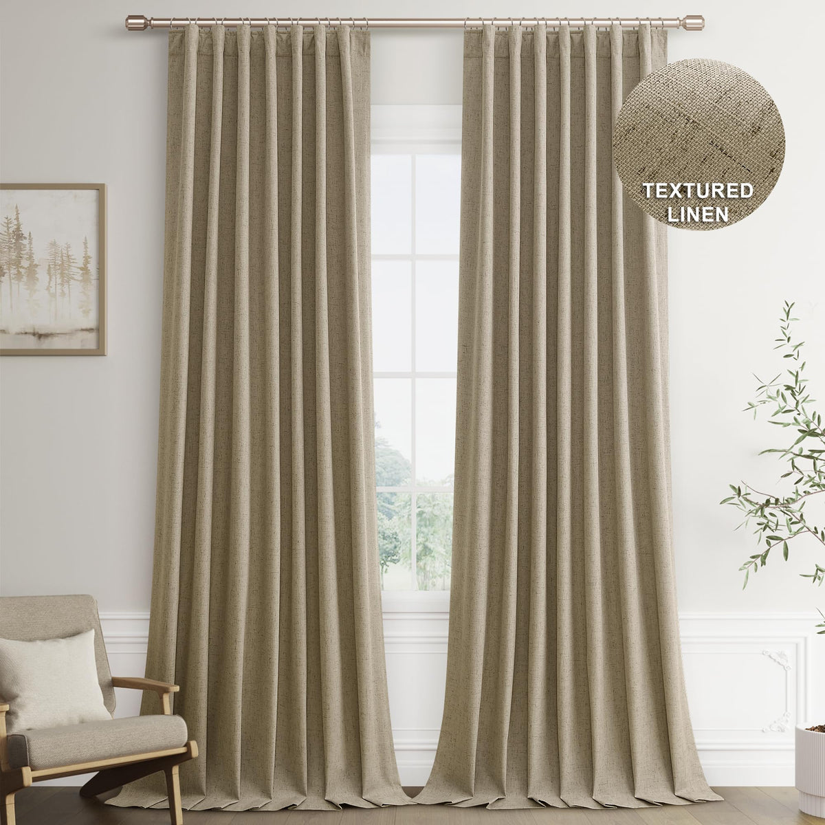 Joywell Yellowish Brown Linen 100% Blackout Curtains 108 Inch Long, Rod Pocket/Back Tab/Hook Belt/Clip Rings,Thermal Insulated Drapes For Bedroom Living Room With Hooks,2 Panels,52 X 108