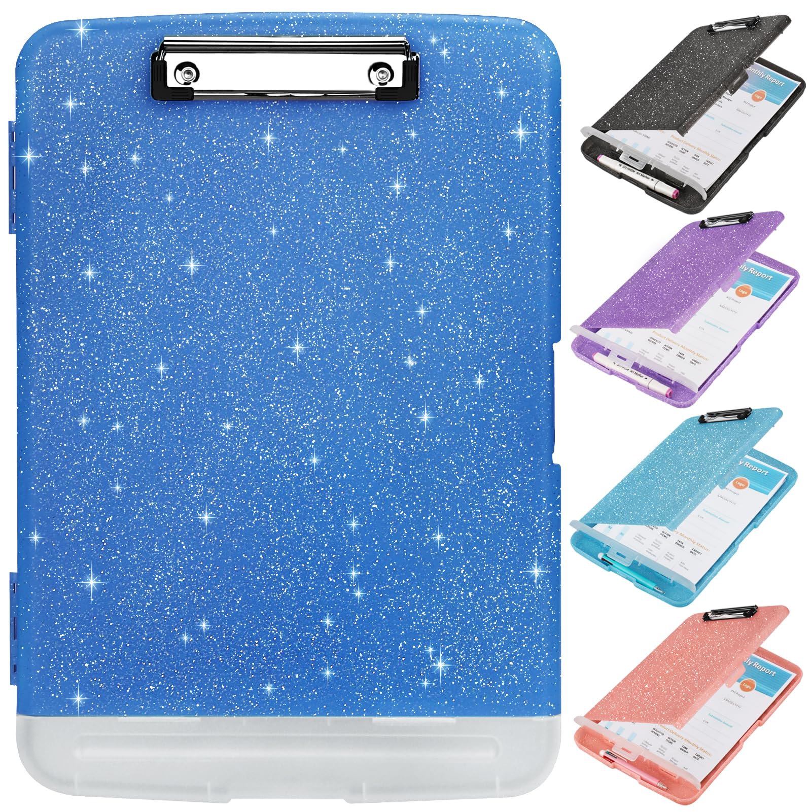 Glitter Clipboard With Storage,Storage Clipboard With Pen Holder,A4 Binder Clip Boards 8.5X11 With Low Profile Clip,Side Opening