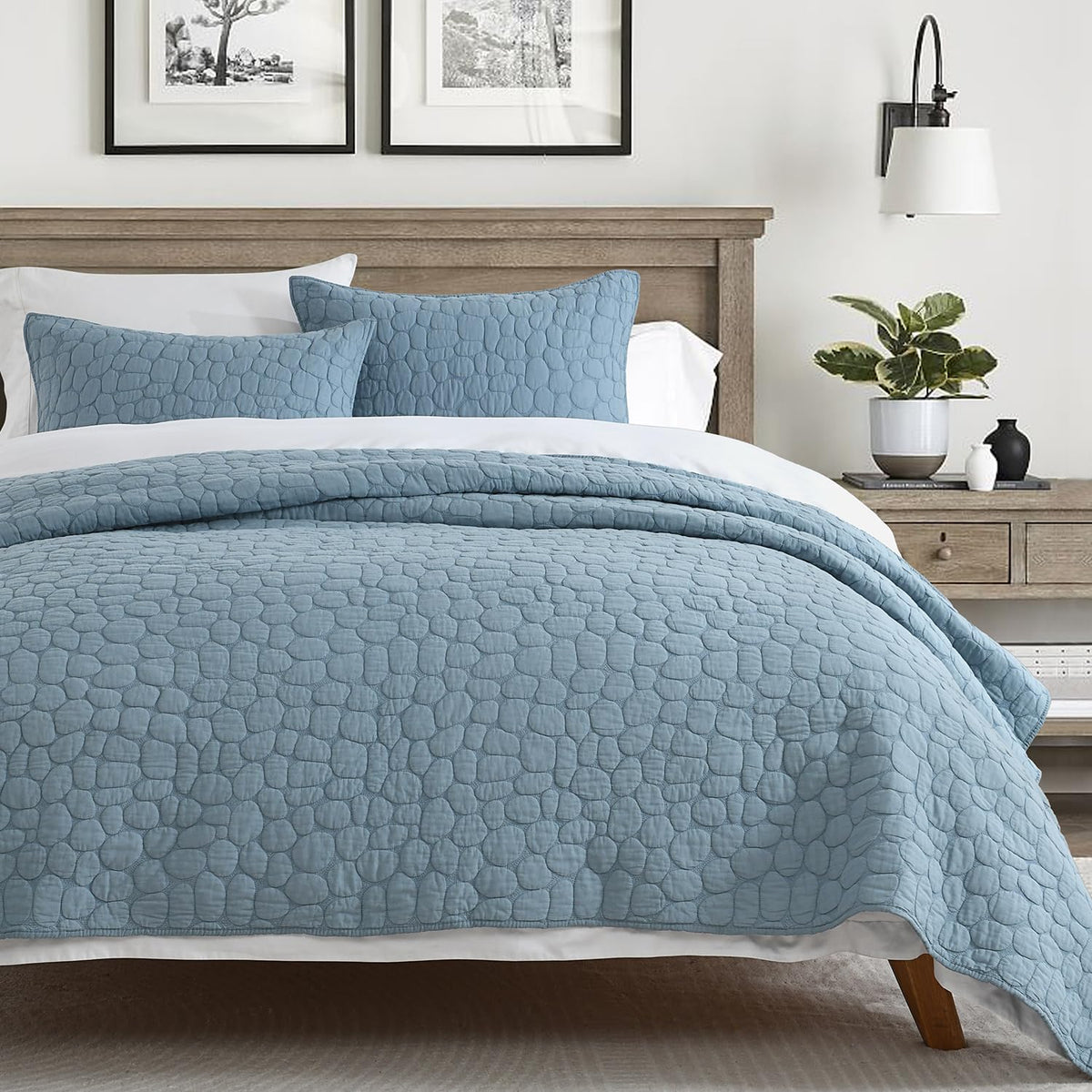 Horimote Home 100% Cotton Quilt Set King Size, Dusty Blue Pre-Washed Bedspreads Coverlet Set With Cobblestone Pattern, Cozy Ligh
