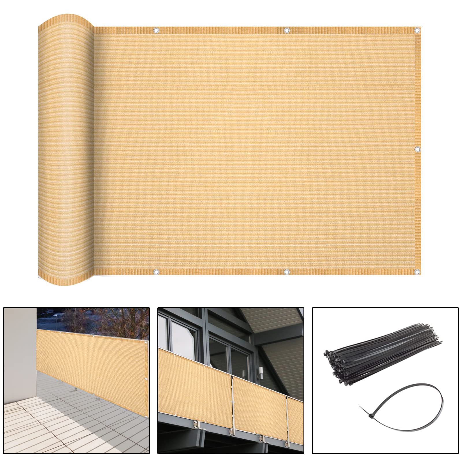 2'6' X 44' Beige Balcony Privacy Screen Fence Windscreen Cover For Apartment, Deck, Patio, Backyard, Outdoor Pool, Porch, Raili