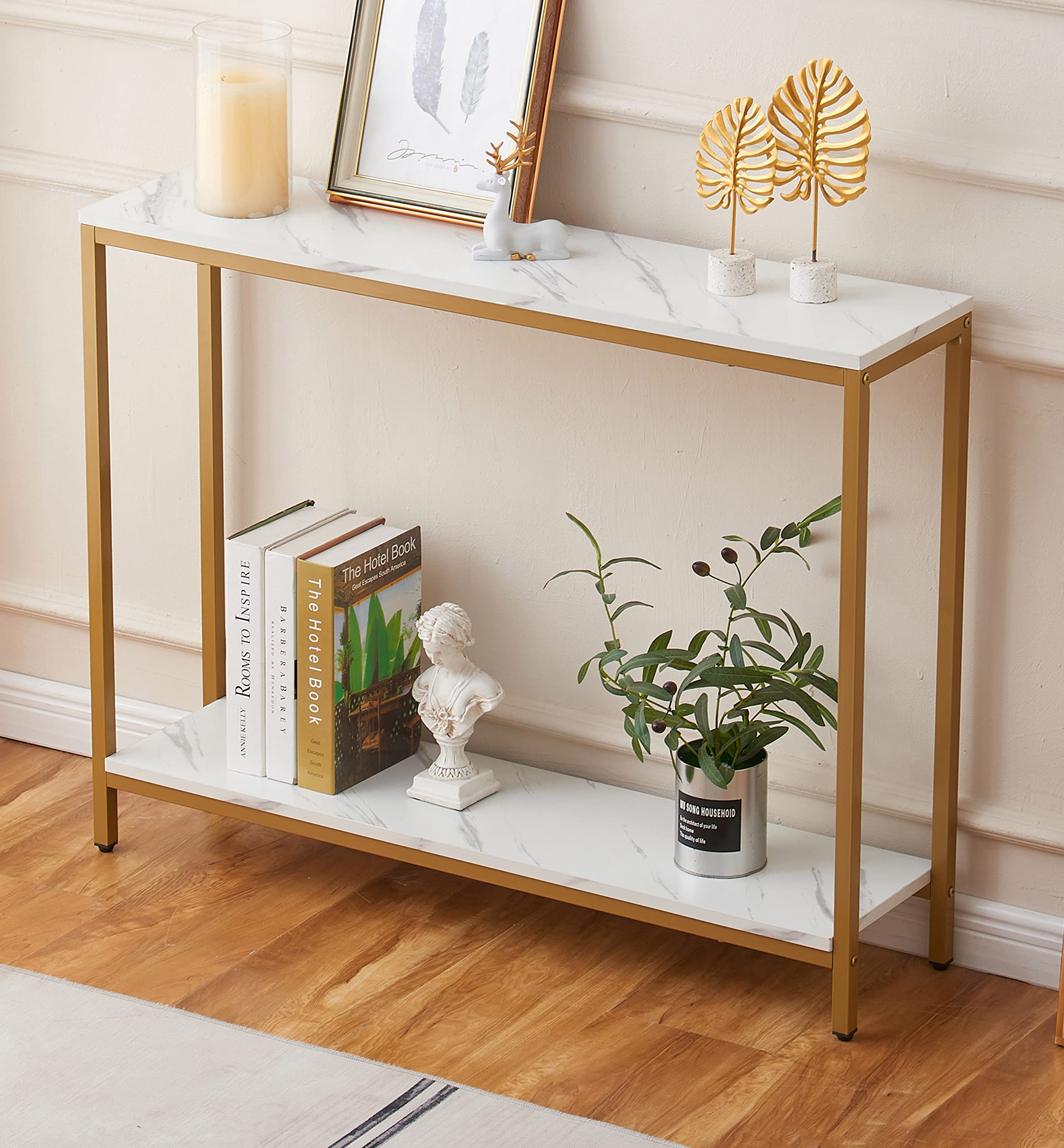 Loglus Console Table For Entryway, Faux Marble Mdf Sofa Table With Golden Frame (Double Layer, White Marble)