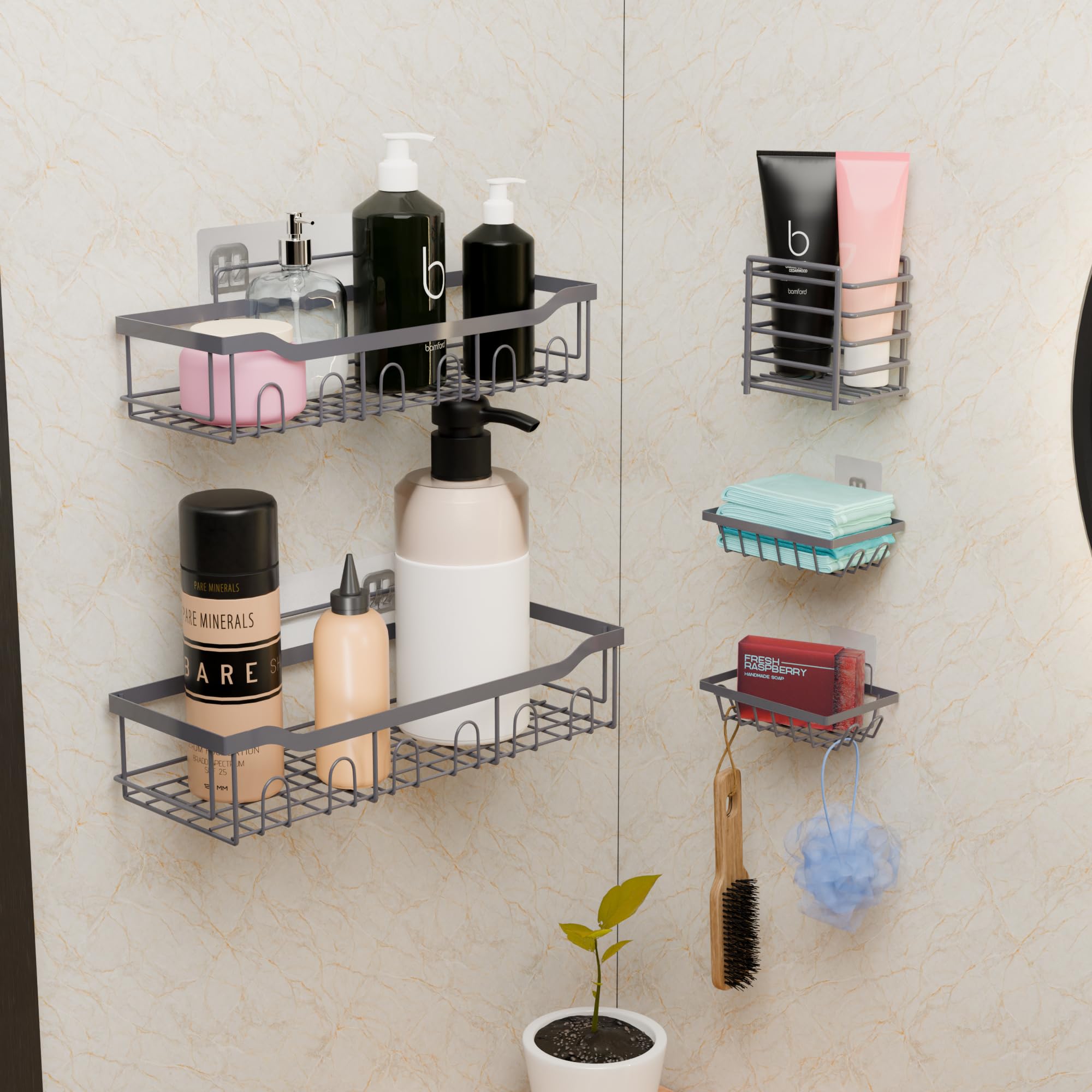 Kuber Industries 5 In 1 Metal Bathroom Rack Without Drill With Soap & Toothbrush Holders | Self Adhesive Bathroom Shelf | Bathro