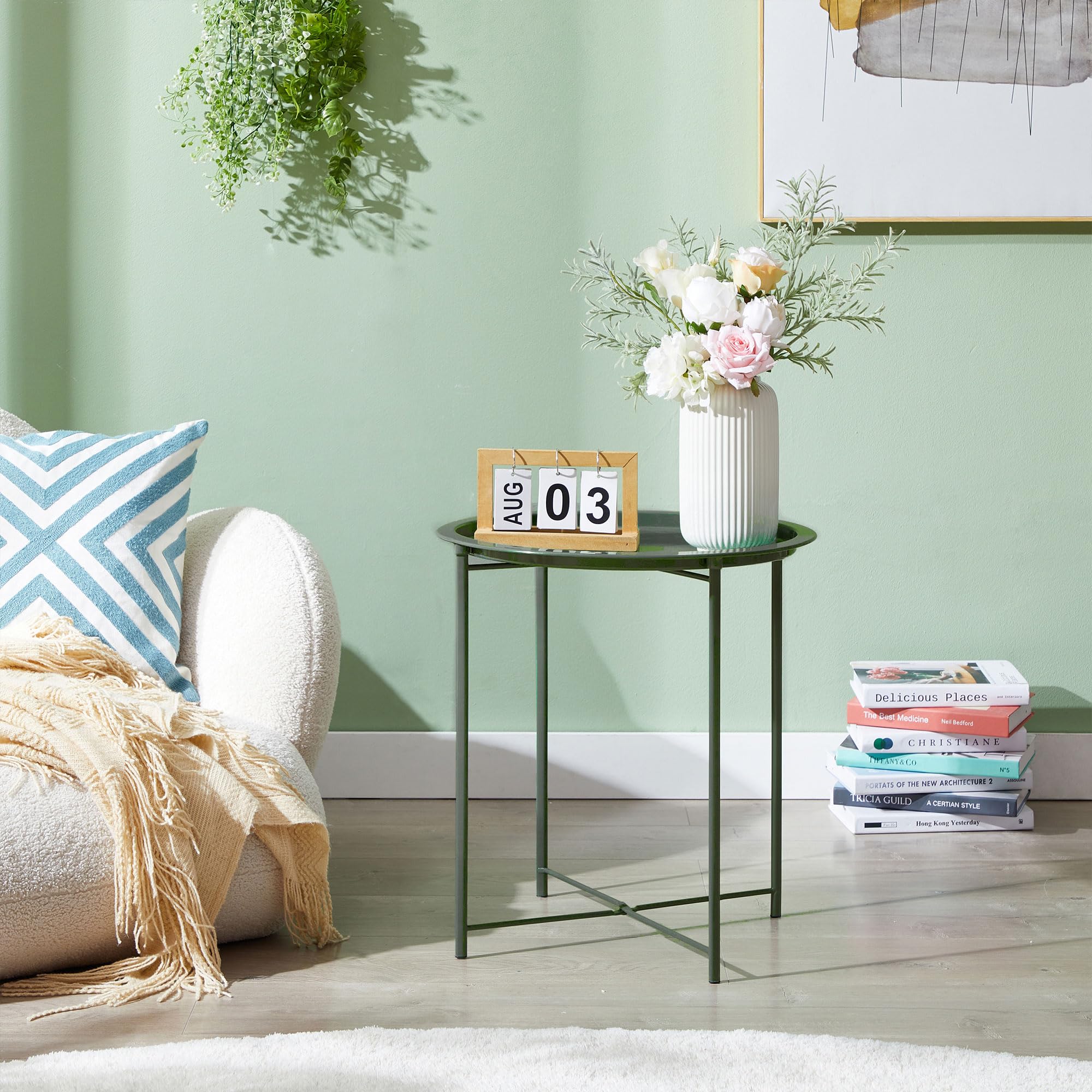 Vecelo Side/End Table, Folding Round Metal Anti-Rust And Waterproof Outdoor Or Indoor Tray For Living Room Bedroom Balcony And Office, 1 Pcs, Dark Green